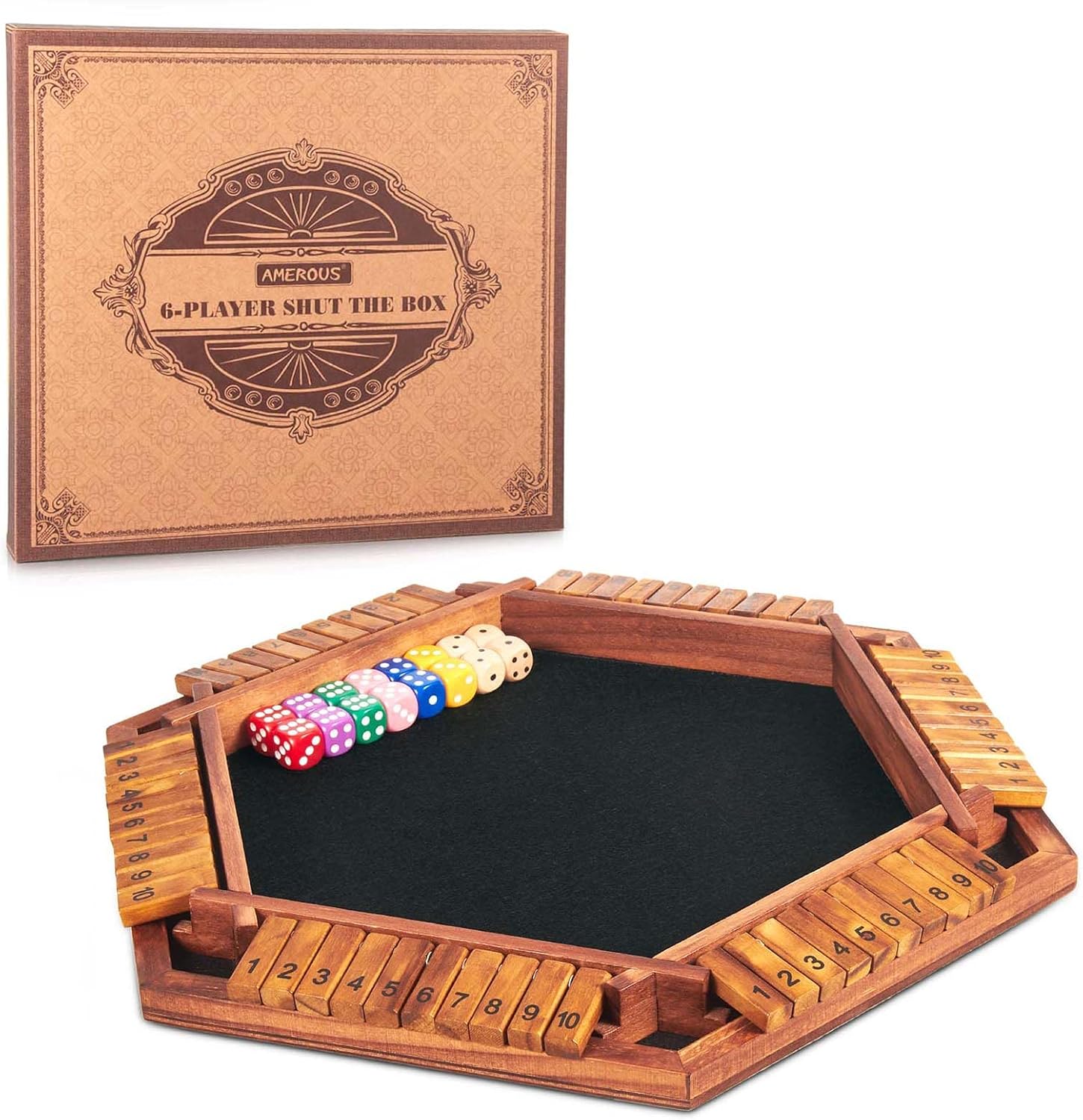 AMEROUS Upgraded 1-6 Players Shut The Box Dice Game, Wooden Board Table Math Game with 16 Dice for Kids Adults, Family Classroom Home Party or Pub AMEROUS Upgraded 1-6 Players Shut The Box Dice Game, Wooden Board Table Math Game with 16 Dice for Kids Adults, Family Classroom Home Party or Pub