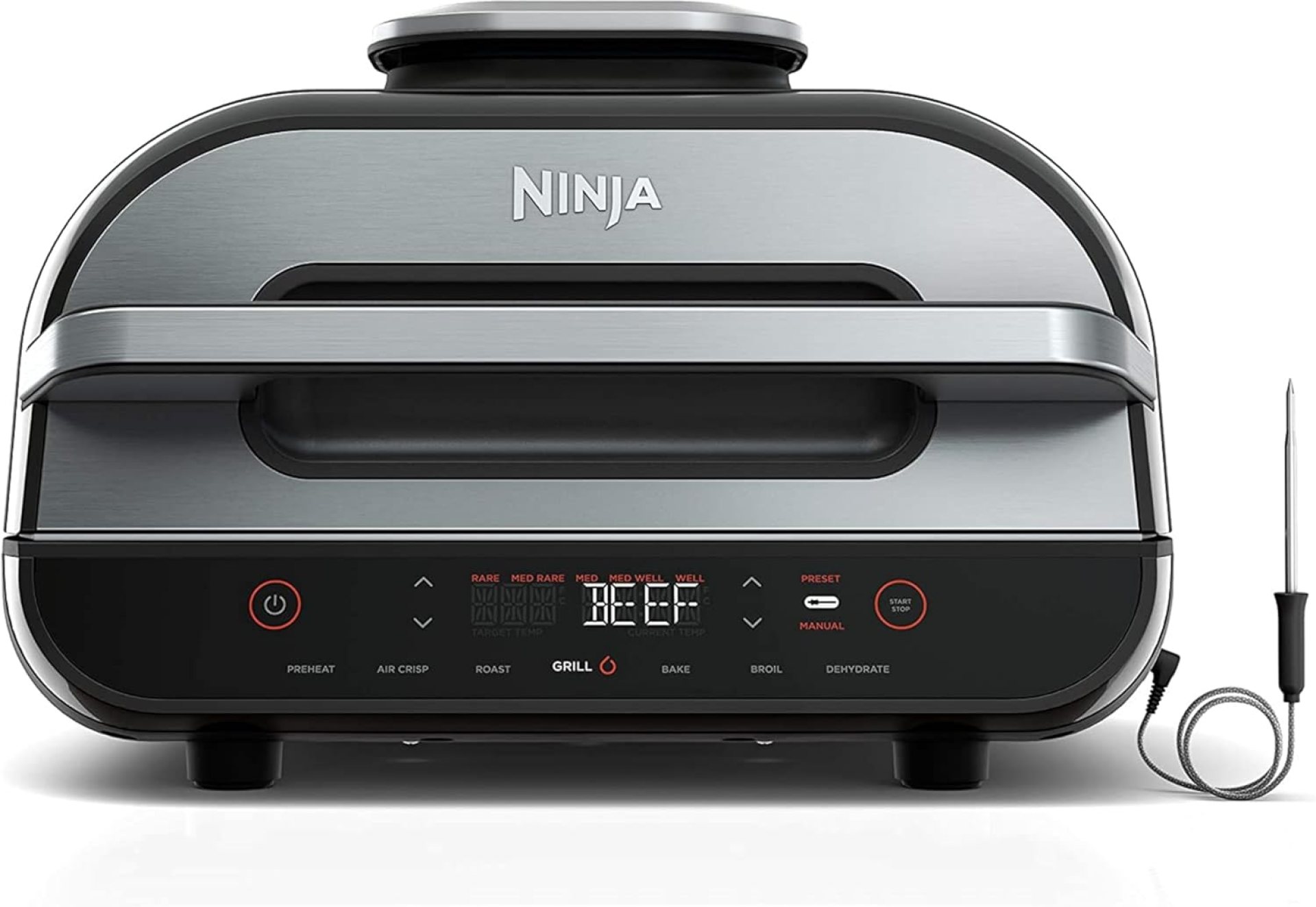 Ninja Indoor Grill, Foodi Smart XL 6-in-1 Indoor Grill with Air Fry, Roast, Bake, Broil & Dehydrate, Smart Thermometer, Black/Silver, FG551 Ninja Indoor Grill, Foodi Smart XL 6-in-1 Indoor Grill with Air Fry, Roast, Bake, Broil & Dehydrate, Smart Thermometer, Black/Silver, FG551