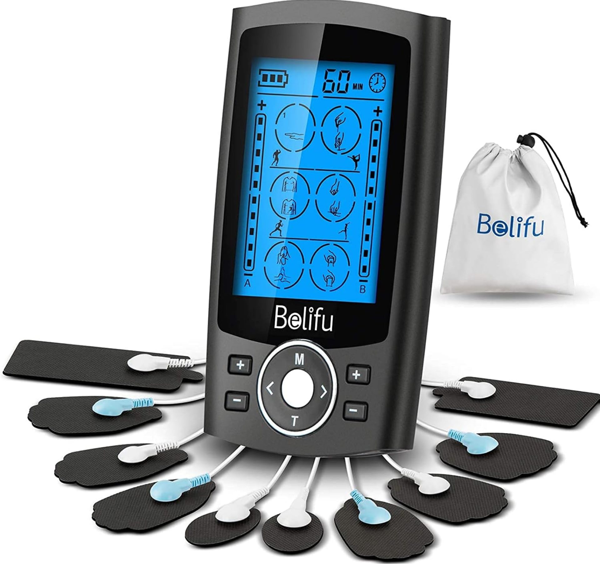 Belifu Dual Channel TENS EMS Unit 24 Modes Muscle Stimulator for Pain Relief Therapy, Electronic Pulse Massager Muscle Massager with 10 Pads, Dust-Proof Drawstring Storage Bag, Fastening Cable Ties Belifu Dual Channel TENS EMS Unit 24 Modes Muscle Stimulator for Pain Relief Therapy, Electronic Pulse Massager Muscle Massager with 10 Pads, Dust-Proof Drawstring Storage Bag, Fastening Cable Ties
