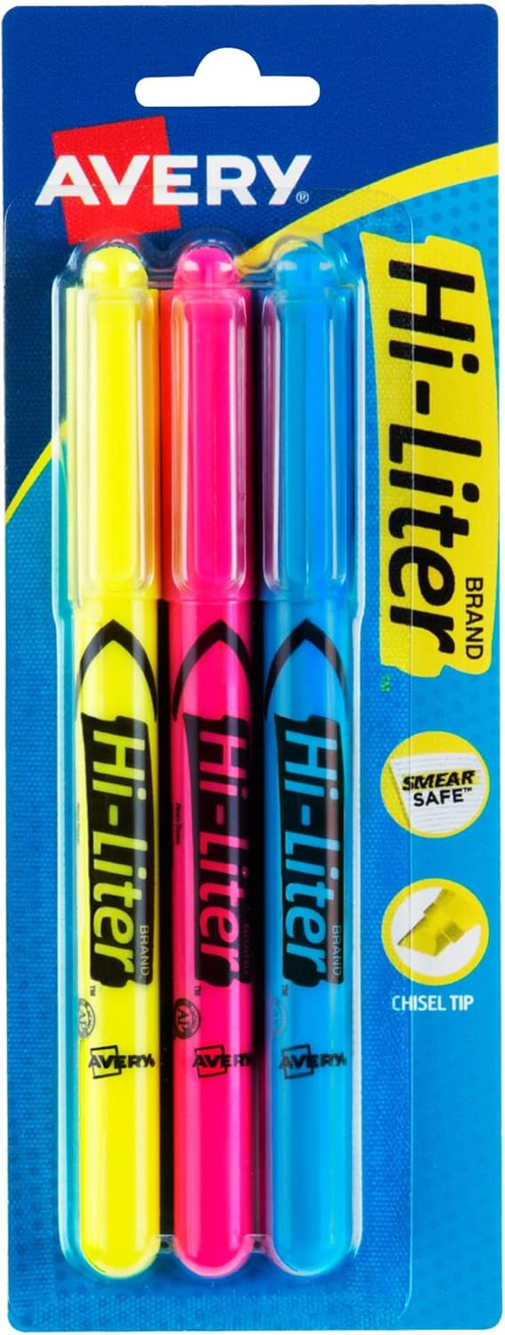 Avery Hi-Liter Pen-Style Highlighters, Smear Safe Ink, Chisel Tip, 3 Assorted Color Highlighters (25860) Avery Hi-Liter Pen-Style Highlighters, Smear Safe Ink, Chisel Tip, 3 Assorted Color Highlighters (25860)