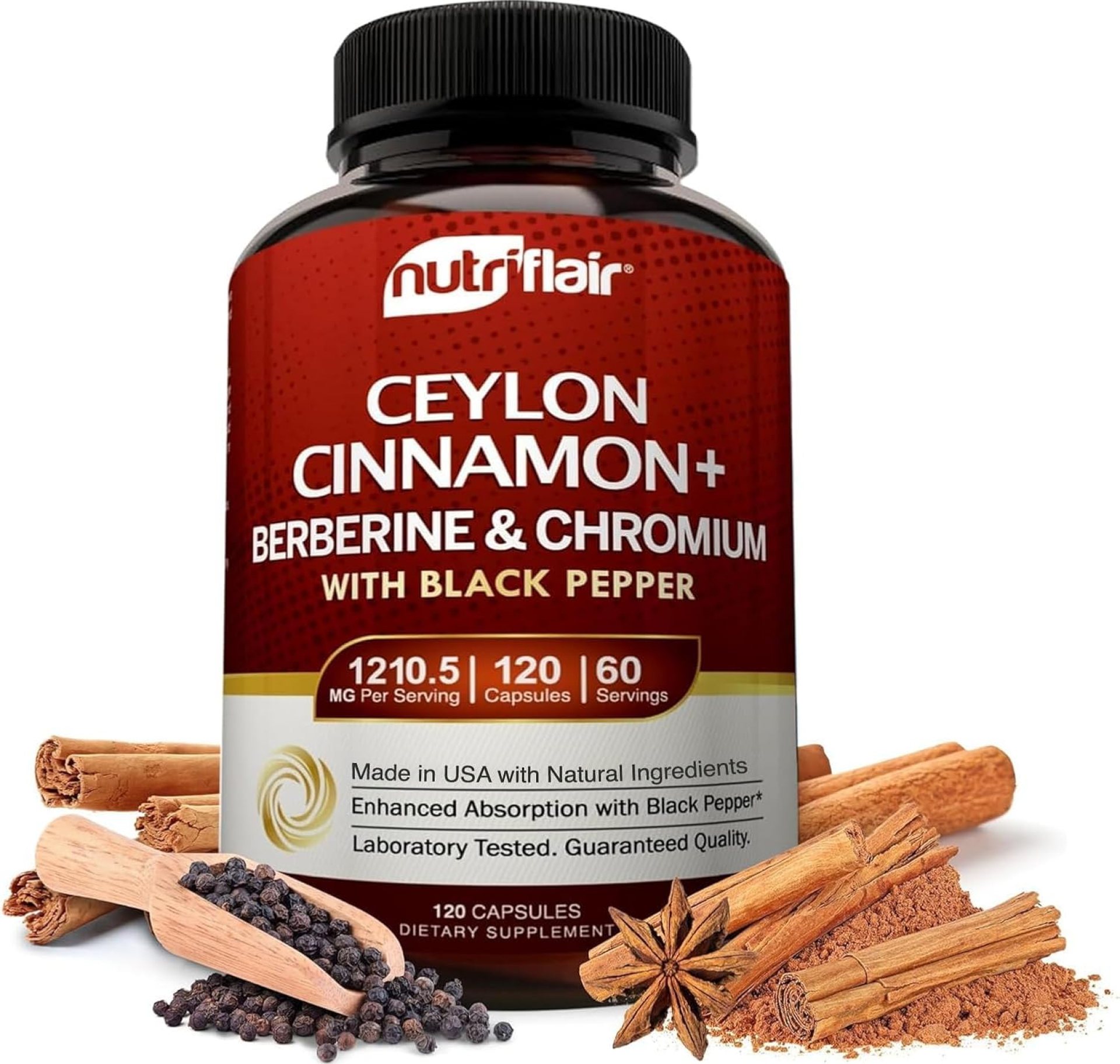 NutriFlair Ceylon Cinnamon Plus Chromium, Berberine & Black Pepper 1200mg, 120 Capsules NutriFlair Ceylon Cinnamon Plus Chromium, Berberine & Black Pepper 1200mg, 120 Capsules