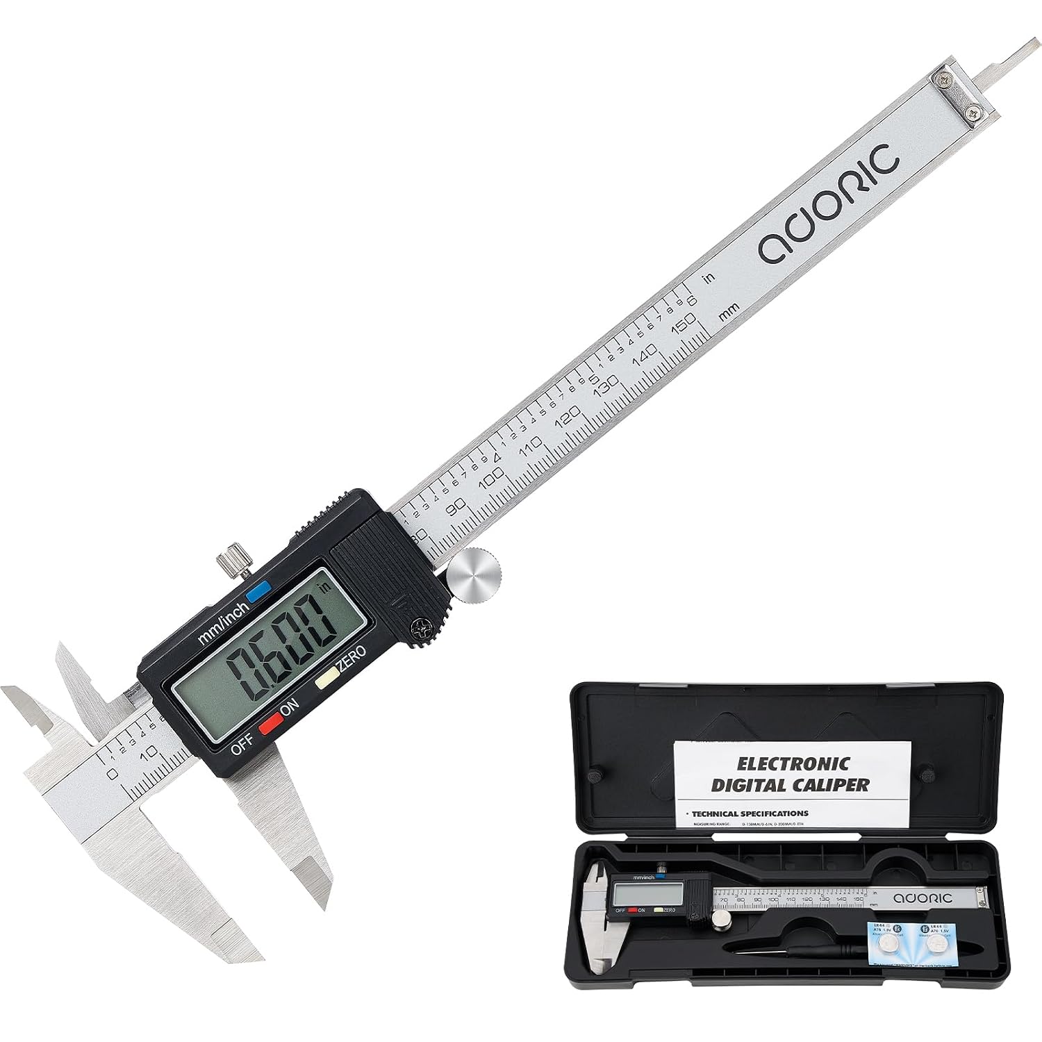 Adoric Digital Caliper, Electronic Digital Caliper Stainless Steel Body with Large LCD Screen | 0-6 Inches | Inch/Millimeter Conversion Adoric Digital Caliper, Electronic Digital Caliper Stainless Steel Body with Large LCD Screen | 0-6 Inches | Inch/Millimeter Conversion