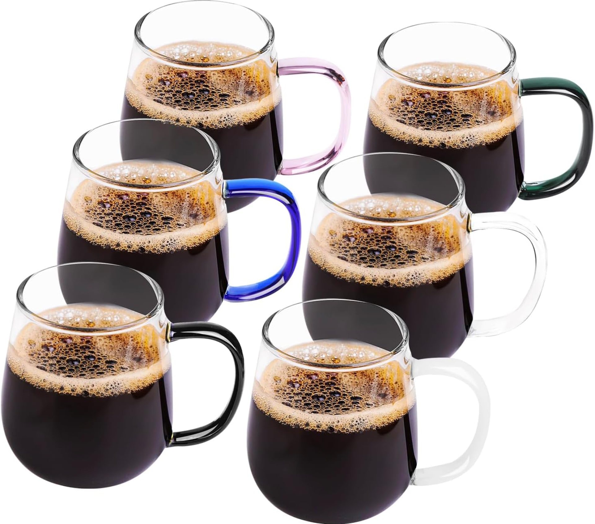 Set of 6 Borosilicate Glass Coffee Mugs with Different Color Handles (Black, White, Clear, Blue, Dark Green, Pink) – 450ml/16oz, Perfect for Coffee, Tea, and Beverages, Gift-Ready Set of 6 Borosilicate Glass Coffee Mugs with Different Color Handles (Black, White, Clear, Blue, Dark Green, Pink) – 450ml/16oz, Perfect for Coffee, Tea, and Beverages, Gift-Ready