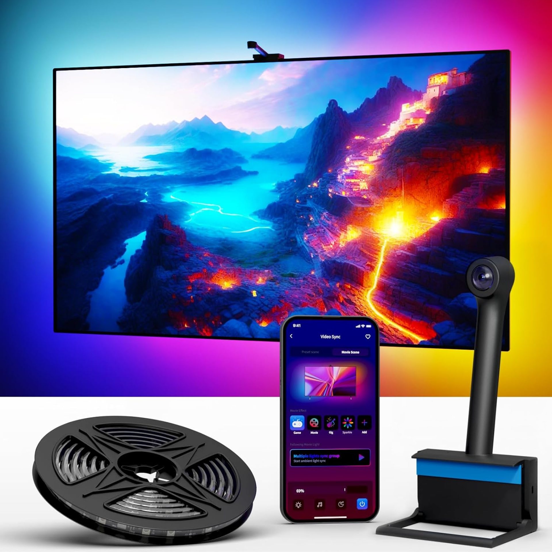 Ailofy Smart TV LED Backlight with Camera for 55-65 inch Screens, 12.5ft LED Strip Lights Sync to Screen& Music, Color Changing Lights for TV Work with Alexa & Google Assistant, App Control Ailofy Smart TV LED Backlight with Camera for 55-65 inch Screens, 12.5ft LED Strip Lights Sync to Screen& Music, Color Changing Lights for TV Work with Alexa & Google Assistant, App Control