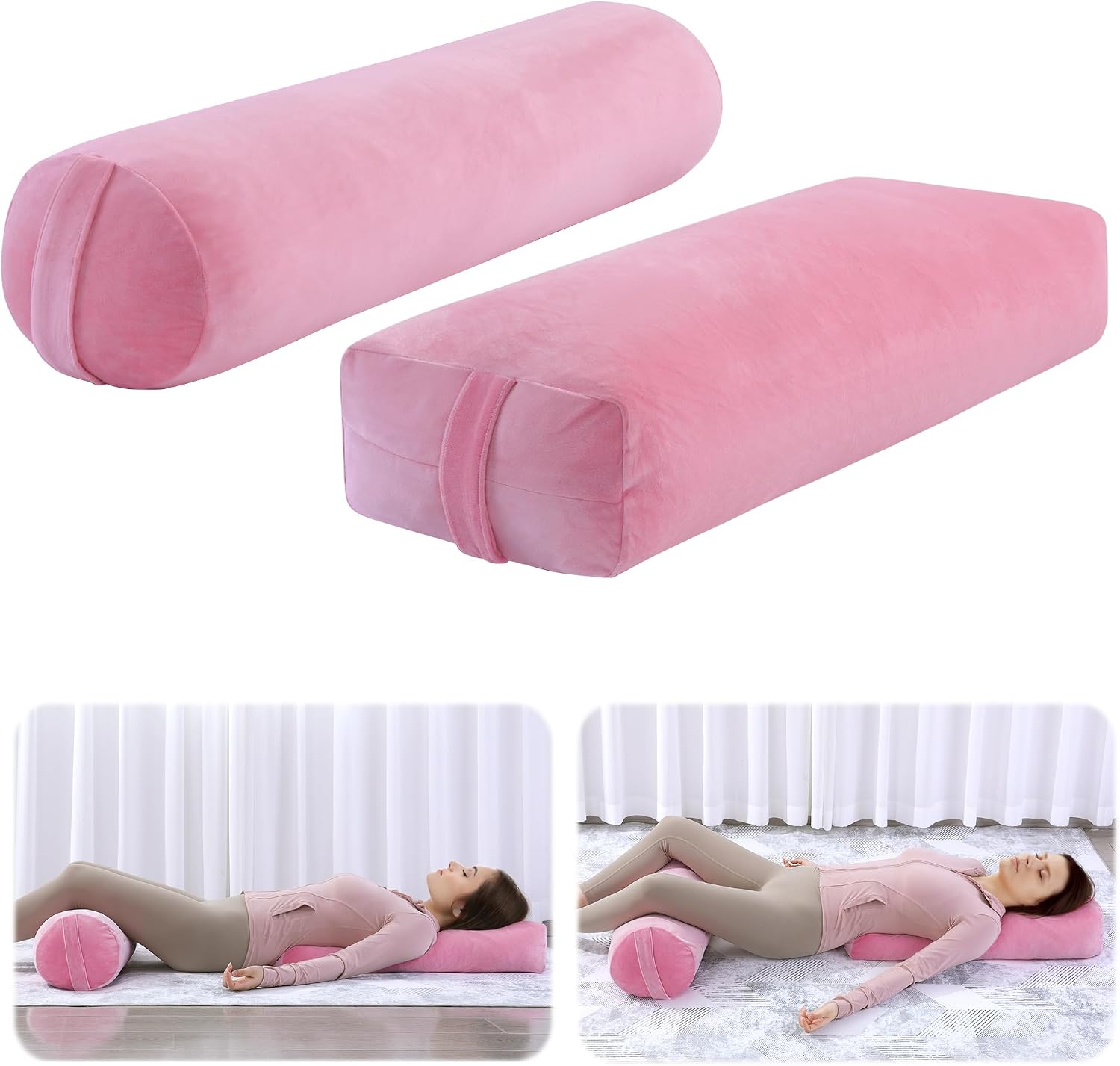 ROYALAY 2 Pcs Yoga Bolster Pillow for Restorative Yoga, Rectangular and Cylinder Meditation Pillow Set with Carrying Handles, Supportive Cushion for Exercise Workout Stretching Meditation,Pink ROYALAY 2 Pcs Yoga Bolster Pillow for Restorative Yoga, Rectangular and Cylinder Meditation Pillow Set with Carrying Handles, Supportive Cushion for Exercise Workout Stretching Meditation,Pink