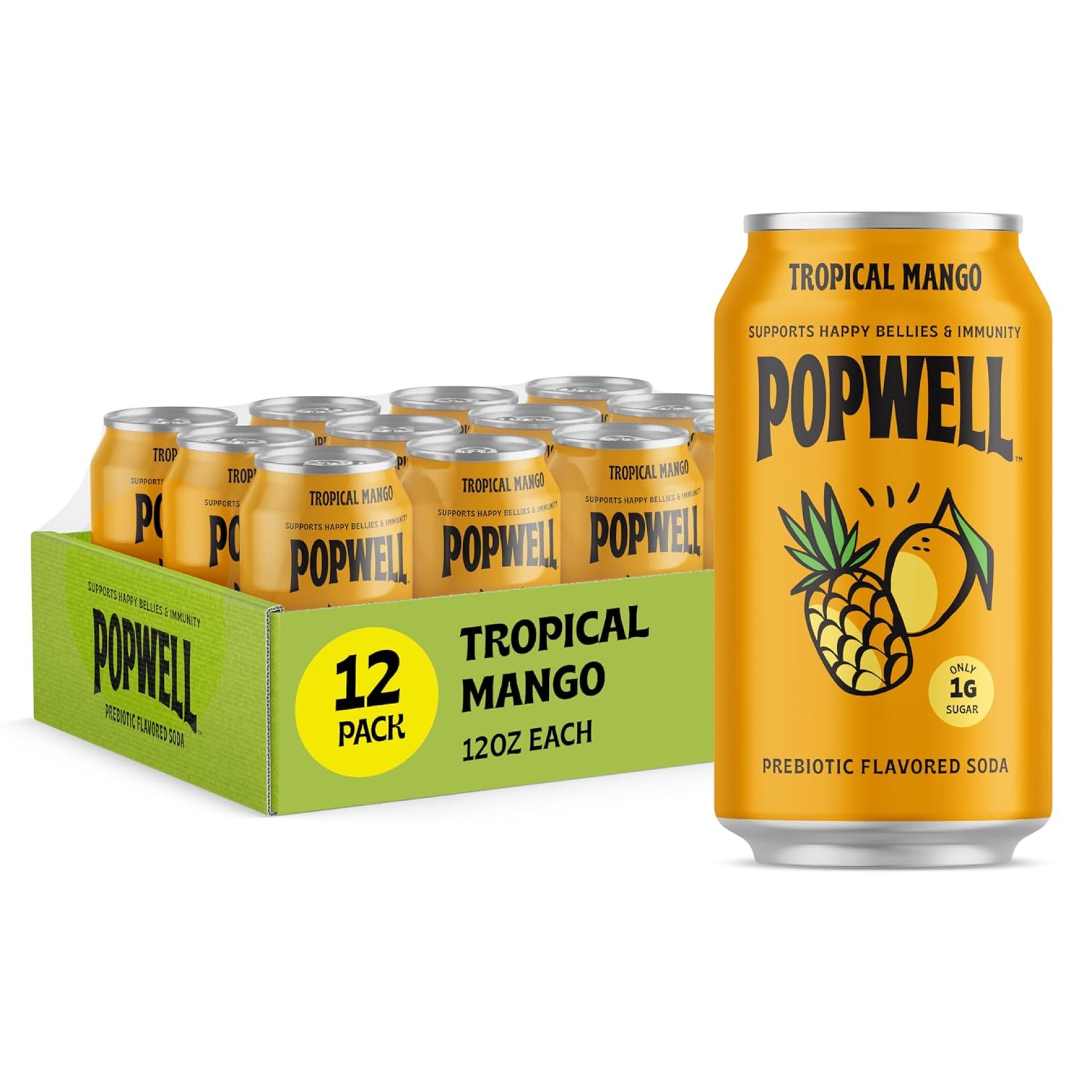 Popwell Tropical Mango Better-For-You Prebiotic Soda, with 6g Fiber, 1g Sugar, Vitamins and Immunity Support, 12 fl oz Cans (pack of 12) Popwell Tropical Mango Better-For-You Prebiotic Soda, with 6g Fiber, 1g Sugar, Vitamins and Immunity Support, 12 fl oz Cans (pack of 12)