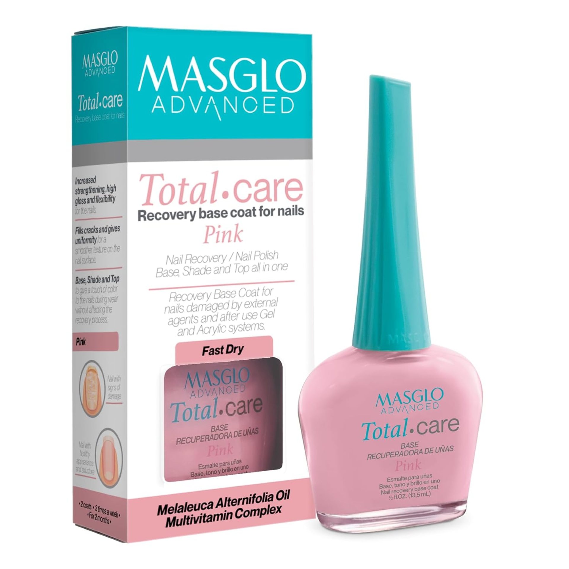 MASGLO Advanced Nail Recovery Base, Strengthening & Thickening Treatment, Fast-Drying Total Care Formula, Tea Tree Oil + Plant Proteins, Vitamin-Enriched Hydrating Base Coat, Pink Tone Color & Shine MASGLO Advanced Nail Recovery Base, Strengthening & Thickening Treatment, Fast-Drying Total Care Formula, Tea Tree Oil + Plant Proteins, Vitamin-Enriched Hydrating Base Coat, Pink Tone Color & Shine