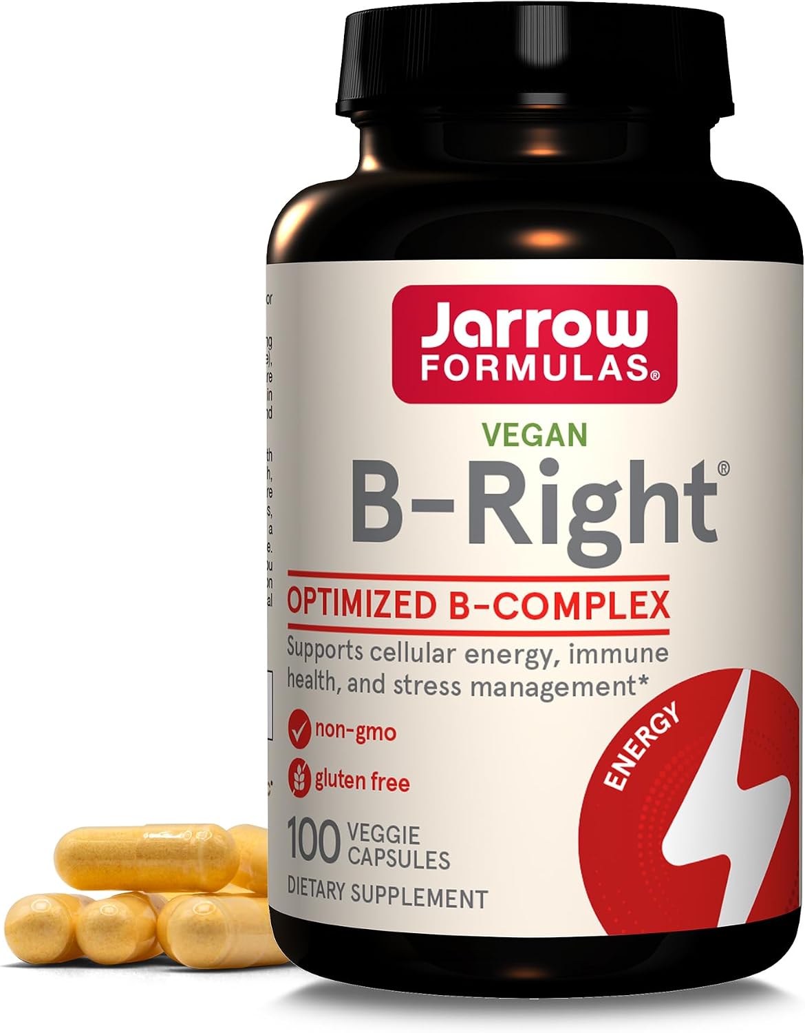 Jarrow Formulas B-Right, Optimized B Complex Featuring Vitamin B1, B2, B5, B6, B12 and B9 to Support Cellular Energy, Immune Health and Stress Management, 100 Veggie Capsules, Up to a 100 Day Supply Jarrow Formulas B-Right, Optimized B Complex Featuring Vitamin B1, B2, B5, B6, B12 and B9 to Support Cellular Energy, Immune Health and Stress Management, 100 Veggie Capsules, Up to a 100 Day Supply
