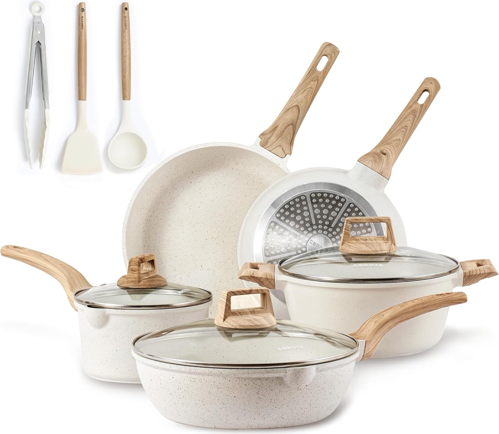 CAROTE Nonstick Pots and Pans Set, White Granite Induction Cookware Sets, 11 Pcs Kitchen Essentials Non Stick Cooking Set with Frying Pans & Saucepans(PFOS, PFOA Free) CAROTE Nonstick Pots and Pans Set, White Granite Induction Cookware Sets, 11 Pcs Kitchen Essentials Non Stick Cooking Set with Frying Pans & Saucepans(PFOS, PFOA Free)