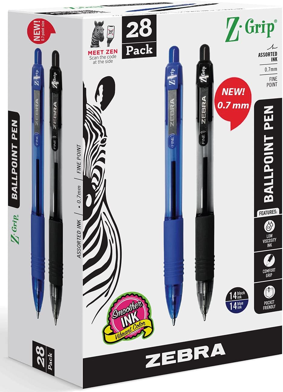 Zebra Pen Ballpoint – Bulk Pack of 28 Z-grip Retractable Fine Point 0.7 mm, 14 Black & 14 Blue Pens Zebra Pen Ballpoint – Bulk Pack of 28 Z-grip Retractable Fine Point 0.7 mm, 14 Black & 14 Blue Pens