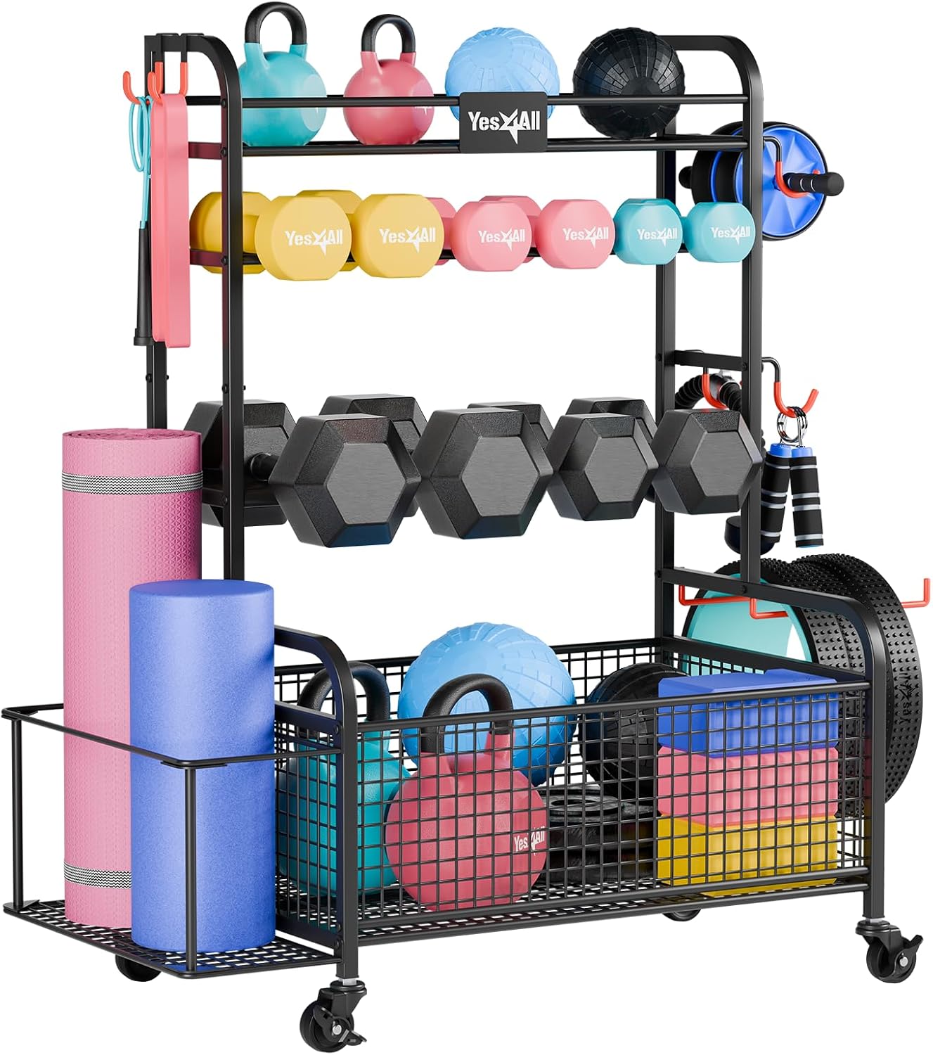 Yes4All Dumbbell Rack, Weight Rack for Home Gym, Sports Equipment Organizer for Dumbbells Kettlebells Yoga Mat Foam Roller and Balls, All in One Gym Workout Storage with Wheels and Hooks Yes4All Dumbbell Rack, Weight Rack for Home Gym, Sports Equipment Organizer for Dumbbells Kettlebells Yoga Mat Foam Roller and Balls, All in One Gym Workout Storage with Wheels and Hooks