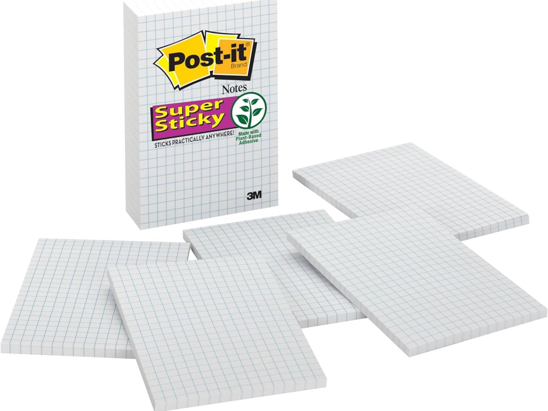 Post-it Super Sticky Notes, 4×6 in, 3 Pads, 2X The Sticking Power, White with Blue Grid Lines, Recyclable (660-SSGRID) Post-it Super Sticky Notes, 4×6 in, 3 Pads, 2X The Sticking Power, White with Blue Grid Lines, Recyclable (660-SSGRID)