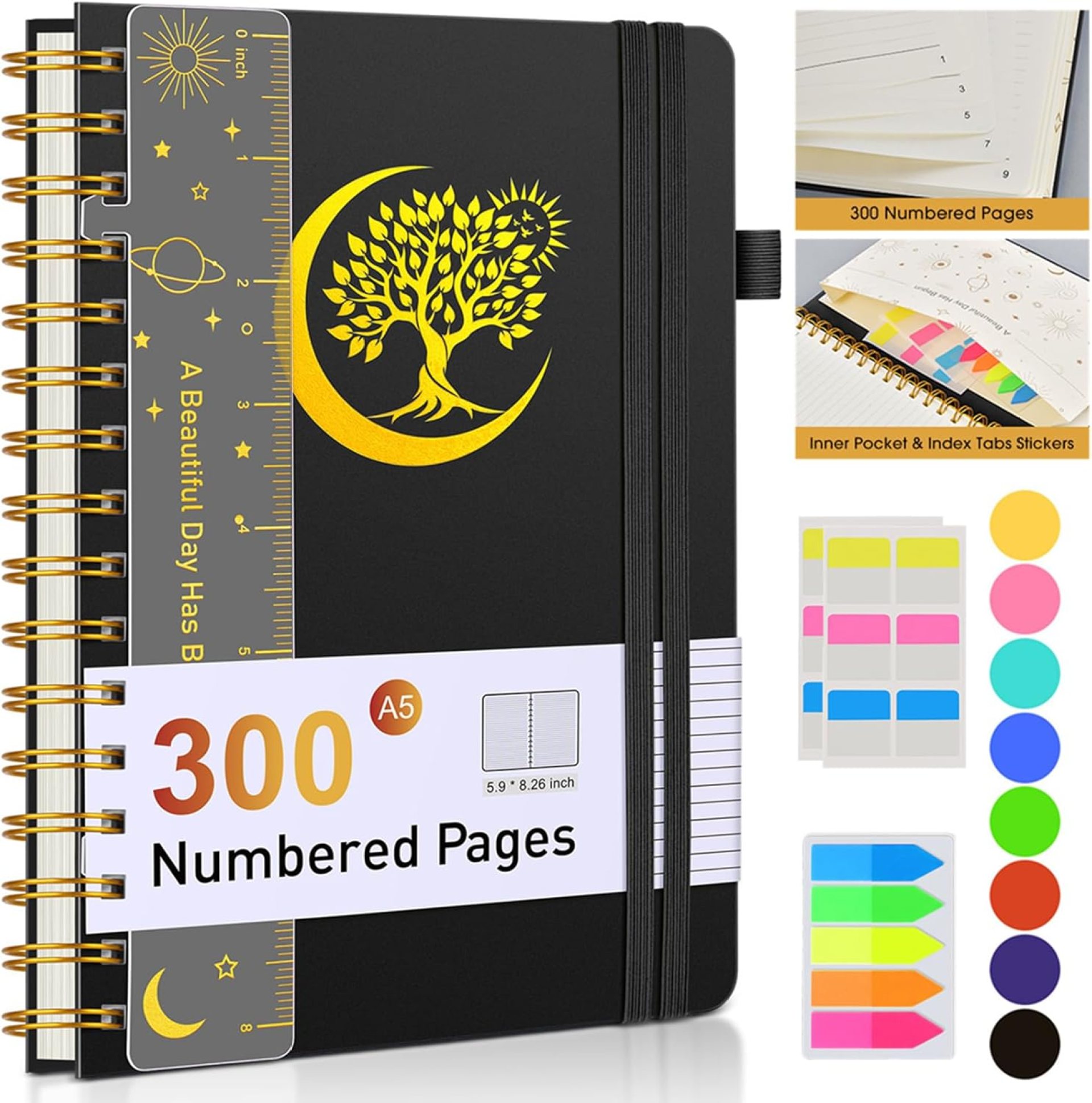 Spiral Journal Notebook – 300 Numbered Pages, 100 GSM Lined Paper, Plastic Cover, Inner Pocket – A5 Notebooks for Work, School, College Ruled for Men & Women 5.8″ x 8.4″ (Black) Spiral Journal Notebook – 300 Numbered Pages, 100 GSM Lined Paper, Plastic Cover, Inner Pocket – A5 Notebooks for Work, School, College Ruled for Men & Women 5.8″ x 8.4″ (Black)