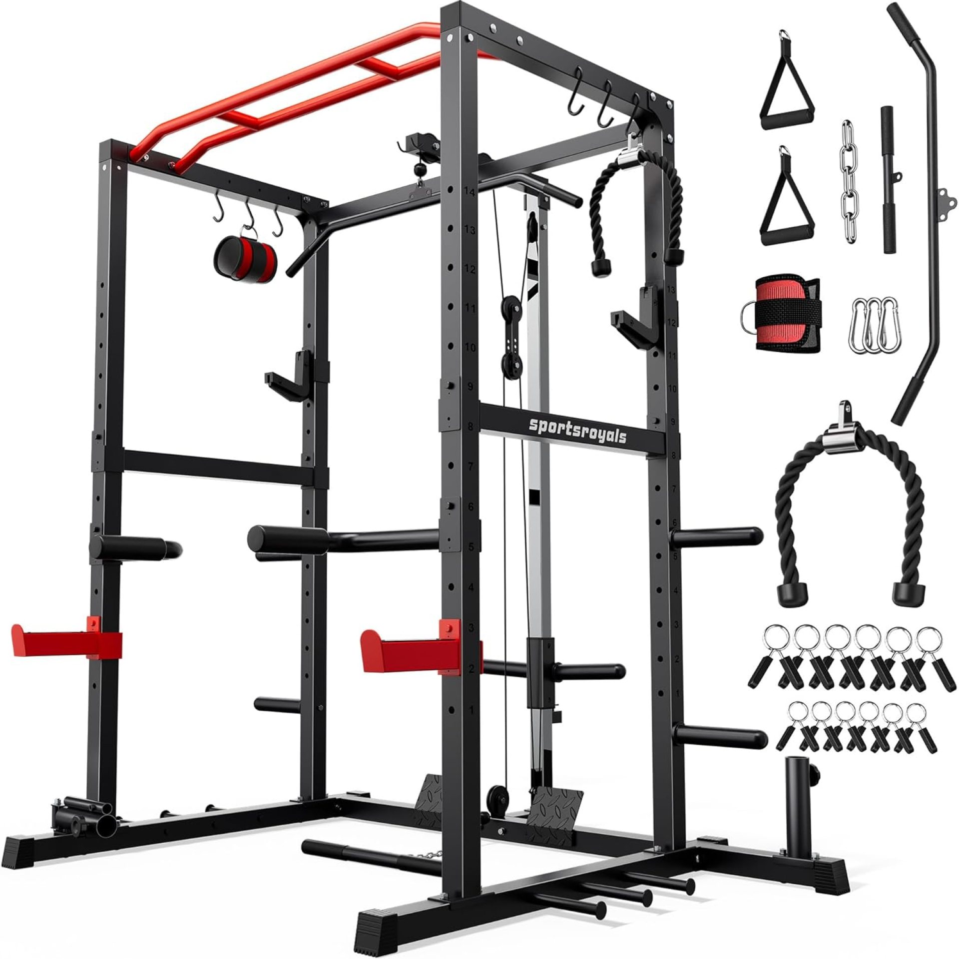 Sportsroyals Power Cage,1600lbs Multi-Function Power Rack with Adjustable Cable Crossover System and More Training Attachment, Weight Cage for Home Gym Sportsroyals Power Cage,1600lbs Multi-Function Power Rack with Adjustable Cable Crossover System and More Training Attachment, Weight Cage for Home Gym