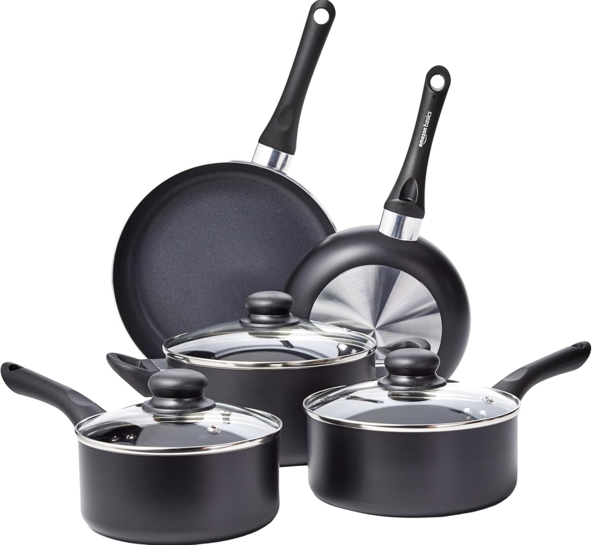 Amazon Basics Non Stick Kitchen Cookware 8-Piece Set, Non-Induction, Includes Pots and Pans, Black Amazon Basics Non Stick Kitchen Cookware 8-Piece Set, Non-Induction, Includes Pots and Pans, Black