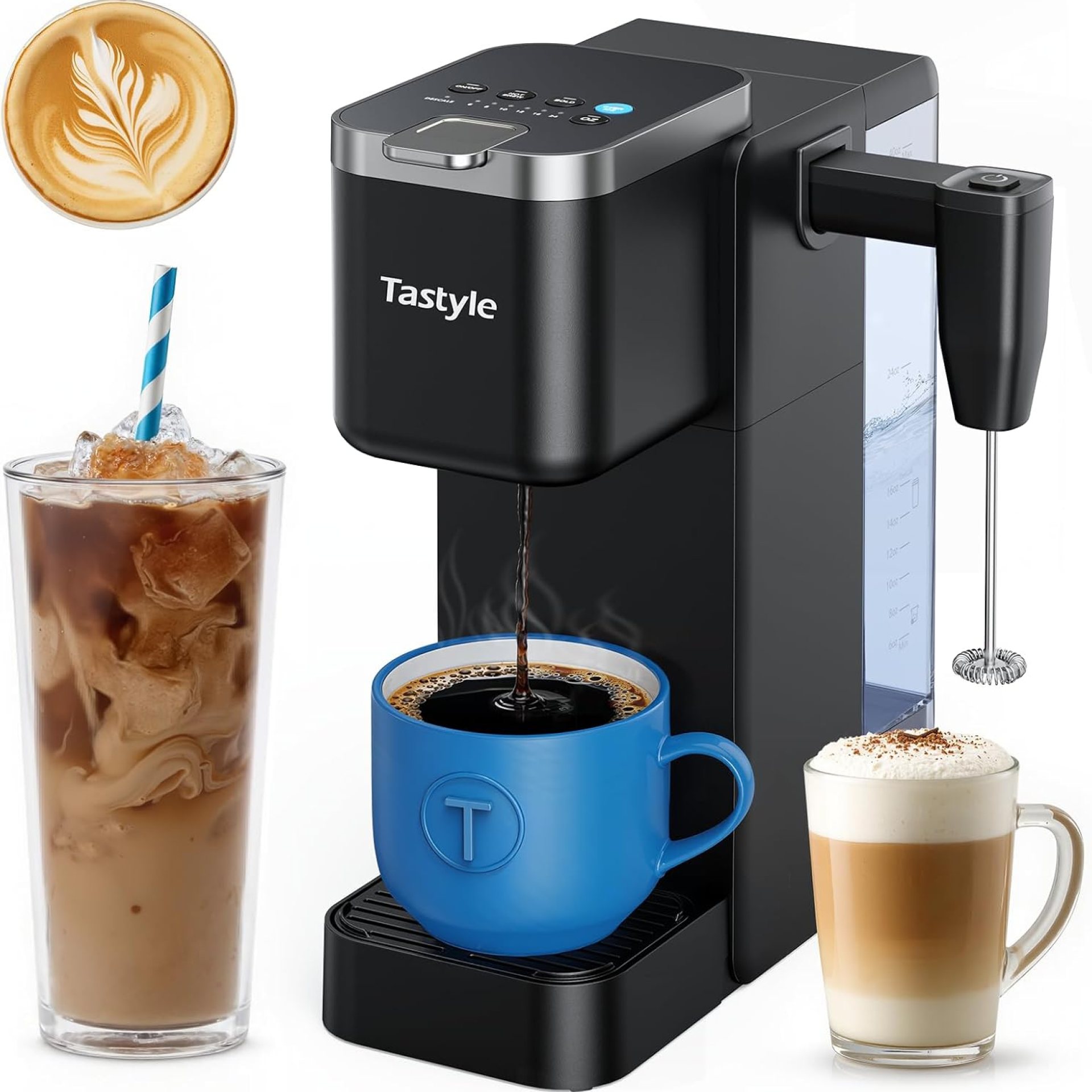 Single Serve Coffee Maker with Detachable Milk Frother, Iced and Hot Coffee Machine for K Cup & Grounds, 40oz Removable Water Reservoir, 6 Brew Sizes, Fits 7.3″ Travel Mug, Black Single Serve Coffee Maker with Detachable Milk Frother, Iced and Hot Coffee Machine for K Cup & Grounds, 40oz Removable Water Reservoir, 6 Brew Sizes, Fits 7.3″ Travel Mug, Black