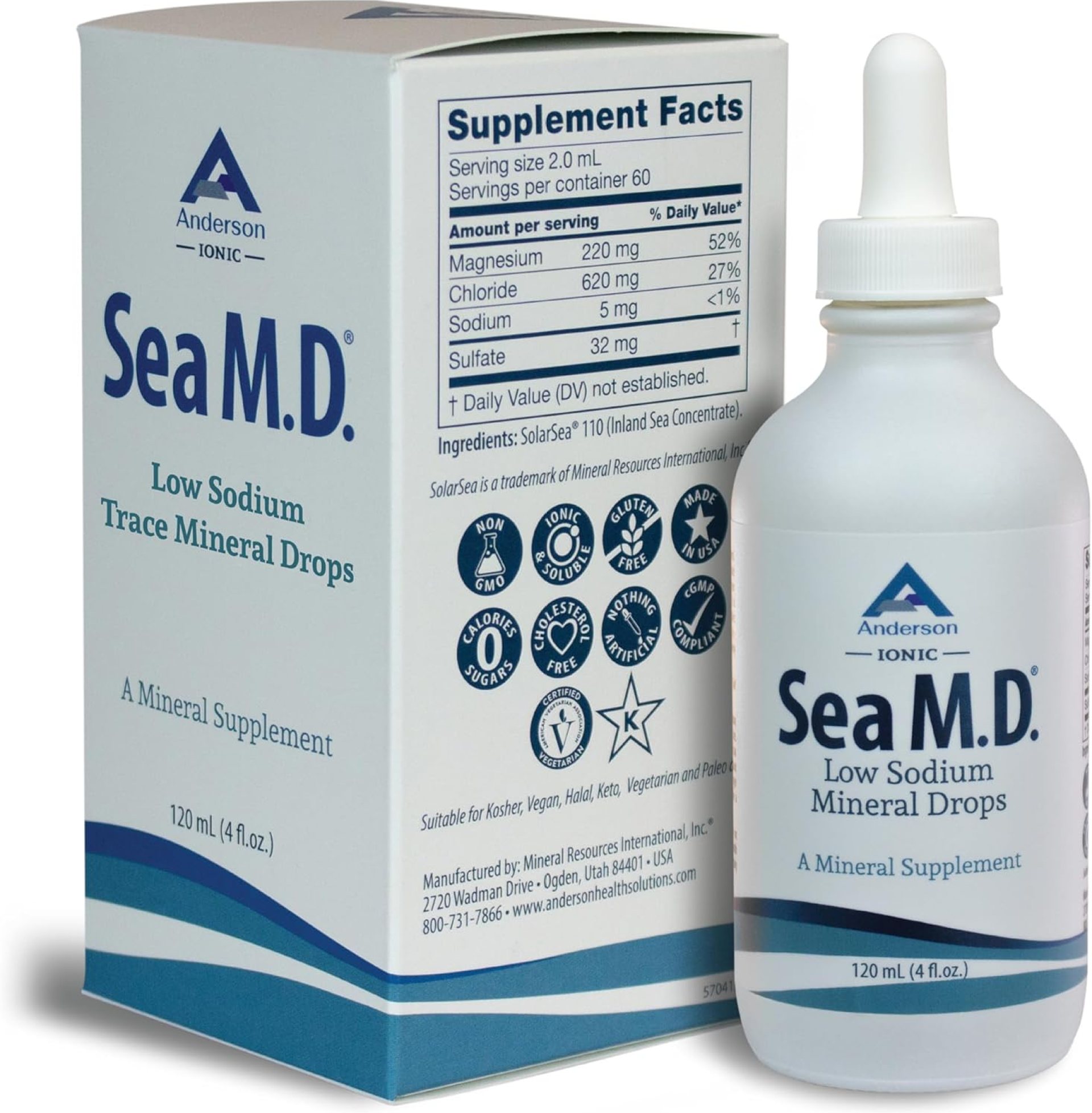 Anderson Sea M.D. Concentrated Trace Mineral Drops, Ionic Electrolyte Magnesium Supplement, Aids in Muscle Cramps, Joint Health, Liquid Magnesium, Easy to Take, 4 fl oz, 60 Servings in Glass Bottle Anderson Sea M.D. Concentrated Trace Mineral Drops, Ionic Electrolyte Magnesium Supplement, Aids in Muscle Cramps, Joint Health, Liquid Magnesium, Easy to Take, 4 fl oz, 60 Servings in Glass Bottle