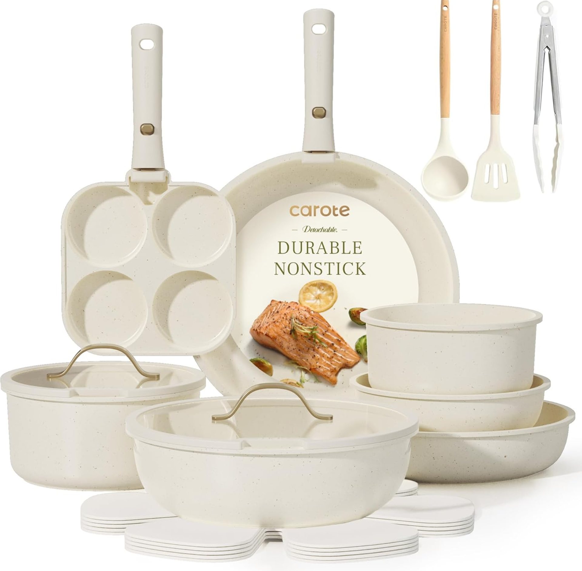 CAROTE 19pcs Pots and Pans Set Non Stick, Cookware Set with Detachable Handle, Kitchen Cookware Sets with Removable Handle, RV Cookware Set, Oven Safe, Cream White CAROTE 19pcs Pots and Pans Set Non Stick, Cookware Set with Detachable Handle, Kitchen Cookware Sets with Removable Handle, RV Cookware Set, Oven Safe, Cream White