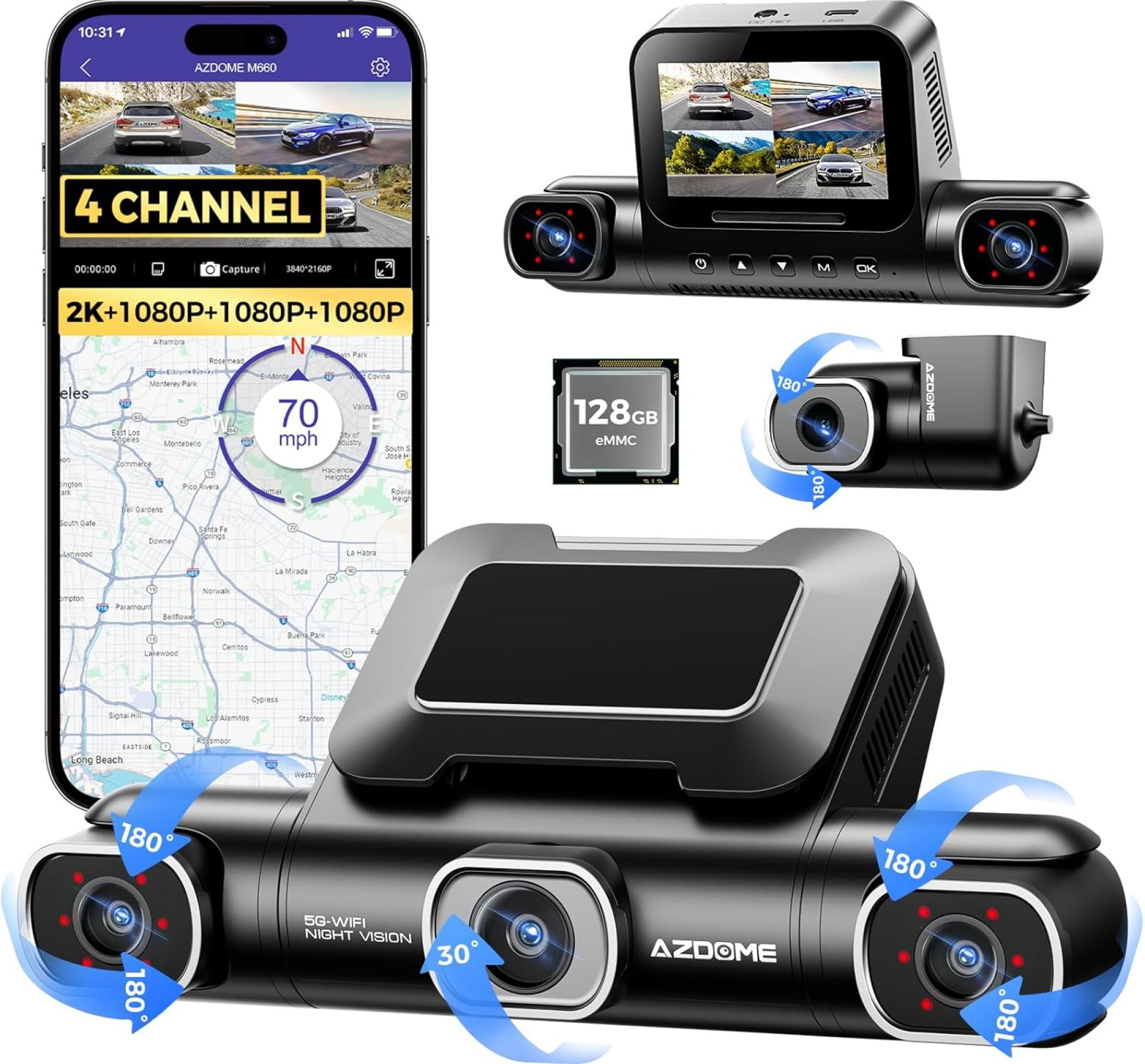 AZDOME 360° 4 Channel Dash Cam, Built-in 128GB eMMC, 2K+1080P*3 Dashcam Front and Rear Inside Left Right, Voice Control, 5G WiFi Dash Camera for Cars with 4 Adjustable Lenses, IR Night Vision, M660 AZDOME 360° 4 Channel Dash Cam, Built-in 128GB eMMC, 2K+1080P*3 Dashcam Front and Rear Inside Left Right, Voice Control, 5G WiFi Dash Camera for Cars with 4 Adjustable Lenses, IR Night Vision, M660