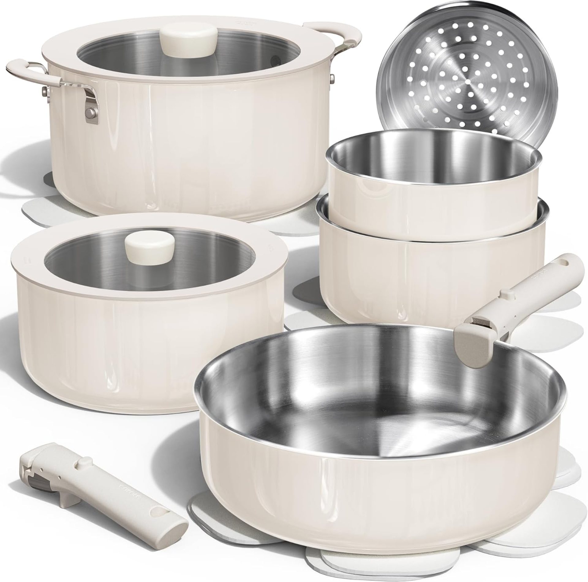 CAROTE 14pcs Pots and Pans Set, Stainless Steel Cookware Set Detachable Handle, Induction Kitchen Cookware Sets with Removable Handle, RV Cookware Set, Oven Safe, Camping Cookware, White CAROTE 14pcs Pots and Pans Set, Stainless Steel Cookware Set Detachable Handle, Induction Kitchen Cookware Sets with Removable Handle, RV Cookware Set, Oven Safe, Camping Cookware, White