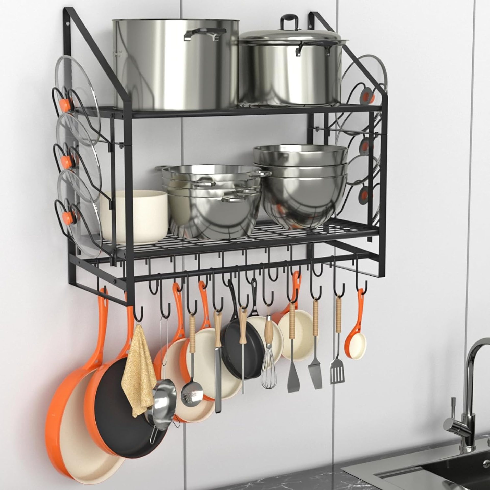 28 Inch Pot Rack Wall Mounted, 2 Tier Pots and Pans Organizer with 20 Hooks and 6 Pot Lid Holders, Heavy Duty Steel Pot and Pan Hanger for Kitchen Cookware Utensils Storage 34.7″ Lx13 Wx26.4 H 28 Inch Pot Rack Wall Mounted, 2 Tier Pots and Pans Organizer with 20 Hooks and 6 Pot Lid Holders, Heavy Duty Steel Pot and Pan Hanger for Kitchen Cookware Utensils Storage 34.7″ Lx13 Wx26.4 H