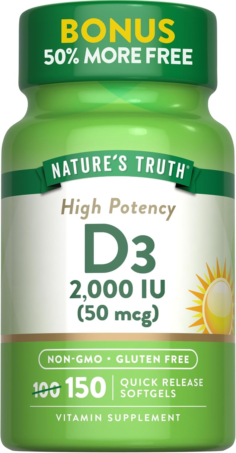 Nature’s Truth Vitamin D3 2000 IU Softgels for Adults | 150 Count | High Potency | Non-GMO and Gluten Free Supplement Nature’s Truth Vitamin D3 2000 IU Softgels for Adults | 150 Count | High Potency | Non-GMO and Gluten Free Supplement