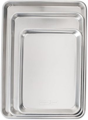 Nordic Ware Naturals 3 Piece Set – USA Made Aluminum Commercial Quality Sheet Pan for Baking or Roasting, Encapsulated Galvanized Steel Rim Prevents Warping; Half Sheet, Jelly Roll and Quarter Sheet