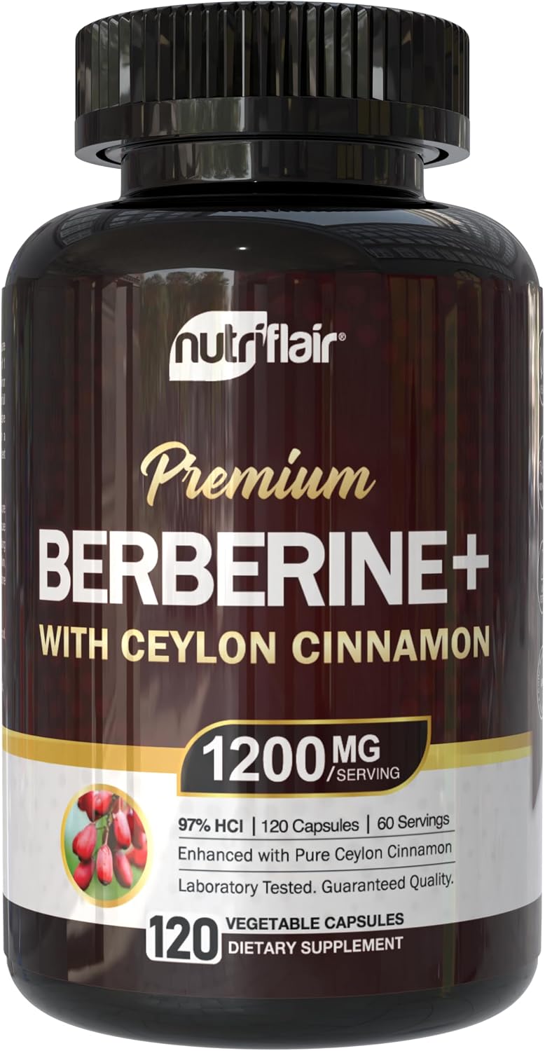 NutriFlair Berberine 97% HCl with Ceylon Cinnamon Supplement, 120 Capsules – High Potency, Premium Quality, Vegan-Friendly – 60 Servings NutriFlair Berberine 97% HCl with Ceylon Cinnamon Supplement, 120 Capsules – High Potency, Premium Quality, Vegan-Friendly – 60 Servings