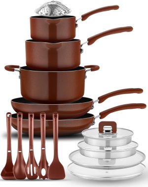 NutriChef Space Saver 17-Piece Nonstick Cookware Set – Brown Pots and Pans with Stackable Design, Foldable Handles, Induction Ready