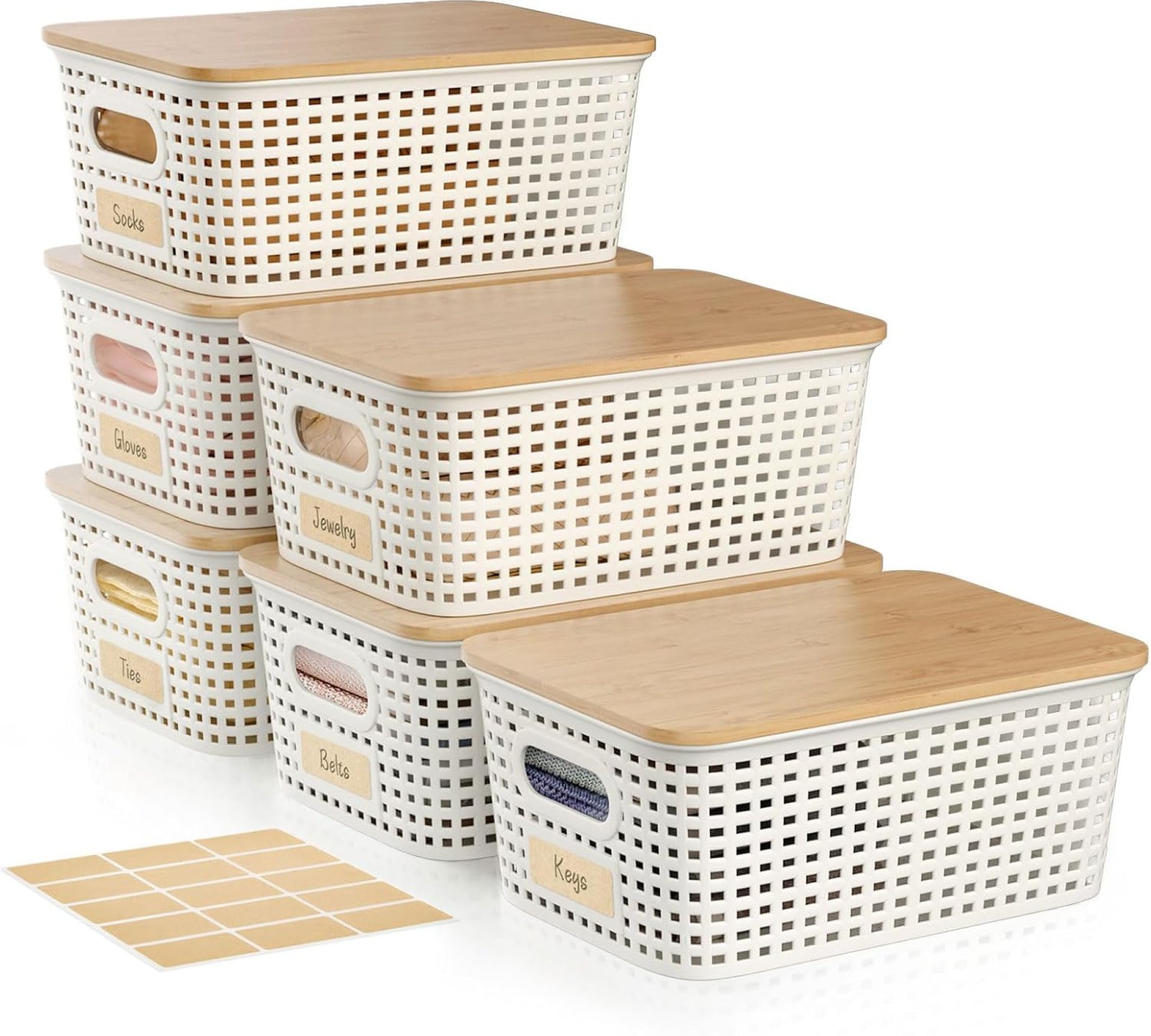 Small 5 Quart Plastic Storage Bin with Bamboo Lid, Stackable Decorative Storage Basket Box Containers with Label for Organizing shelves Closet Office Classroom, White 6 Pack Small 5 Quart Plastic Storage Bin with Bamboo Lid, Stackable Decorative Storage Basket Box Containers with Label for Organizing shelves Closet Office Classroom, White 6 Pack