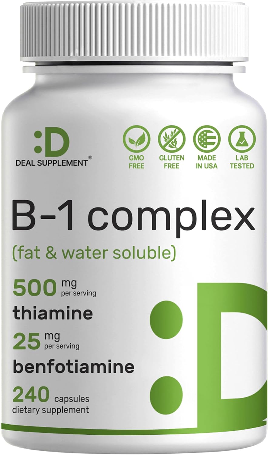 Deal Supplement Vitamin B1 500mg with Benfotiamine, 240 Capsules – 2 in 1 Enhanced Formula – Fat & Water Soluble Thiamine B1 Supplement – Third Party Tested, Non-GMO, No Gluten Deal Supplement Vitamin B1 500mg with Benfotiamine, 240 Capsules – 2 in 1 Enhanced Formula – Fat & Water Soluble Thiamine B1 Supplement – Third Party Tested, Non-GMO, No Gluten