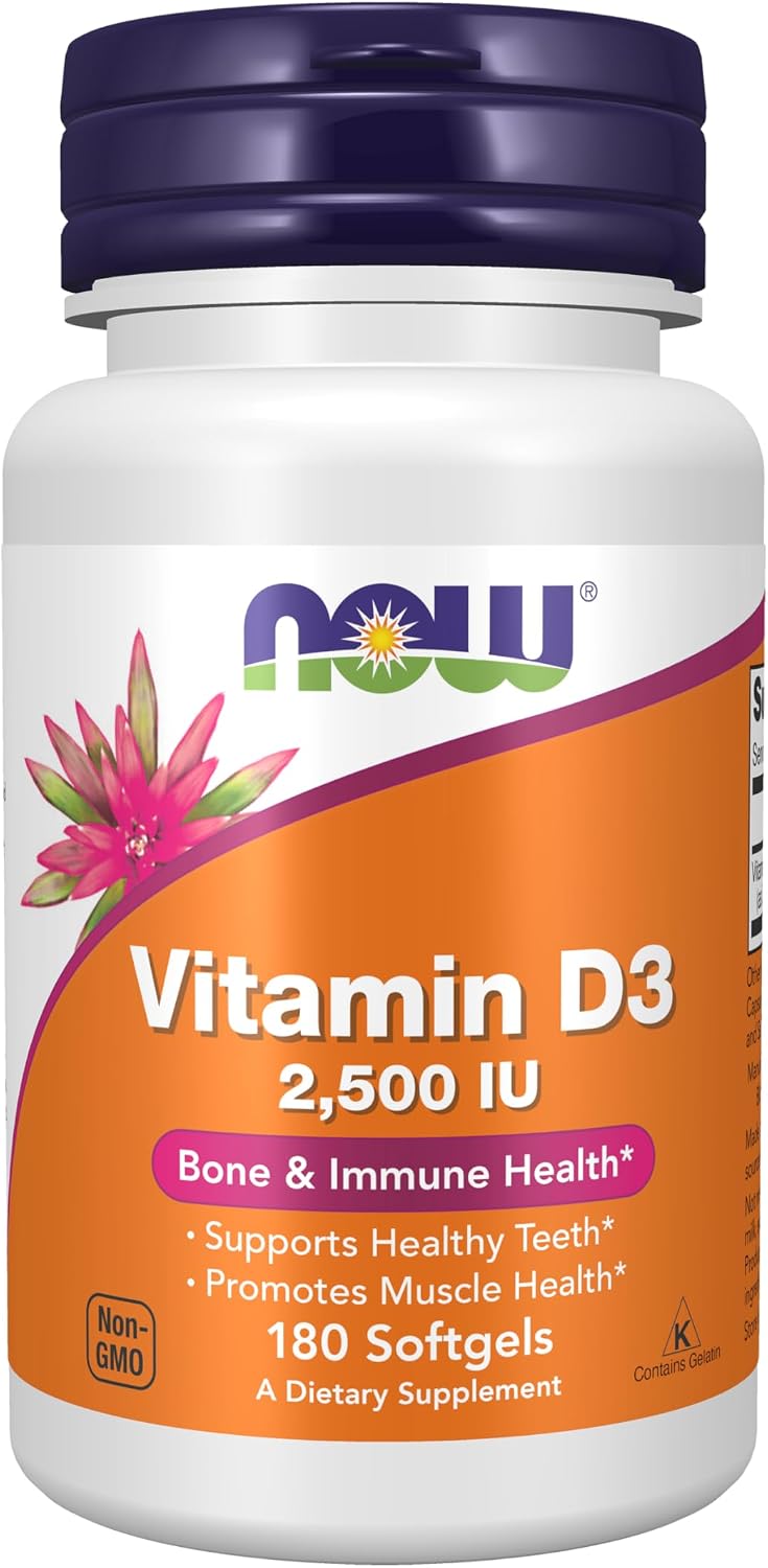 NOW Foods Supplements, Vitamin D3 2500 IU, Bone and Immune Health*, Non-GMO, 180 Softgels NOW Foods Supplements, Vitamin D3 2500 IU, Bone and Immune Health*, Non-GMO, 180 Softgels