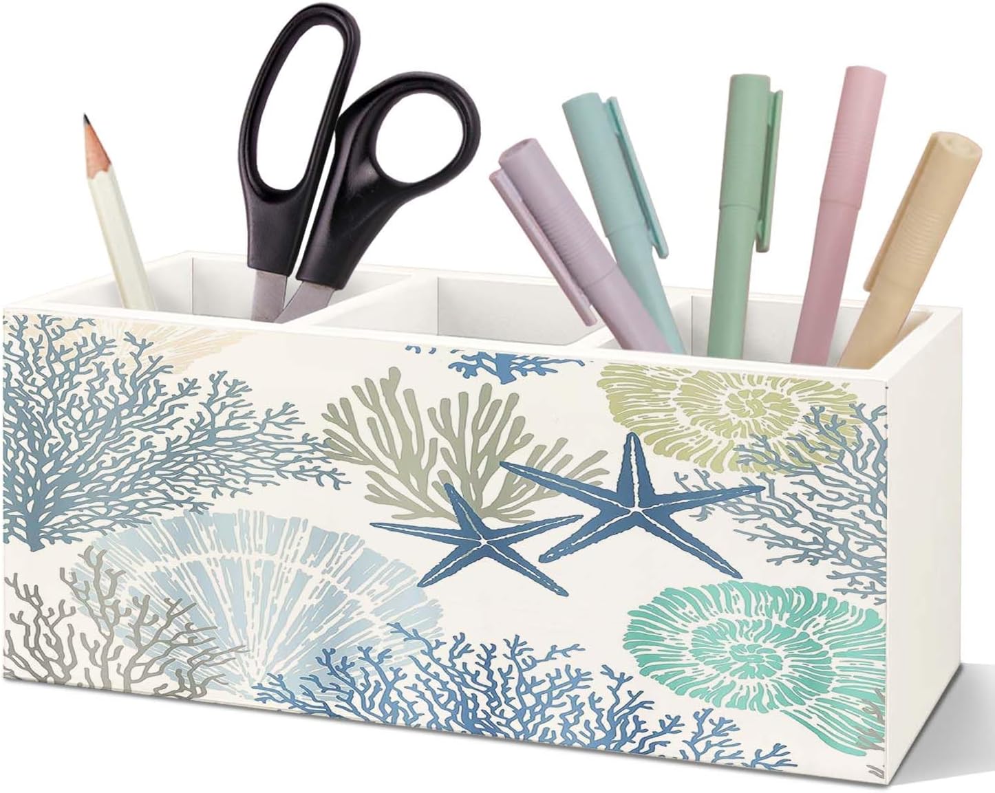 SNNDER Coastal Beach Pen Holder for Desk, Ocean Beach Lovers Gifts Wooden Box Sign Desk Decor for Home Office Tabletop Shelf Decoration, Coral Starfish Seashell Coastal Pencil Organizer SNNDER Coastal Beach Pen Holder for Desk, Ocean Beach Lovers Gifts Wooden Box Sign Desk Decor for Home Office Tabletop Shelf Decoration, Coral Starfish Seashell Coastal Pencil Organizer