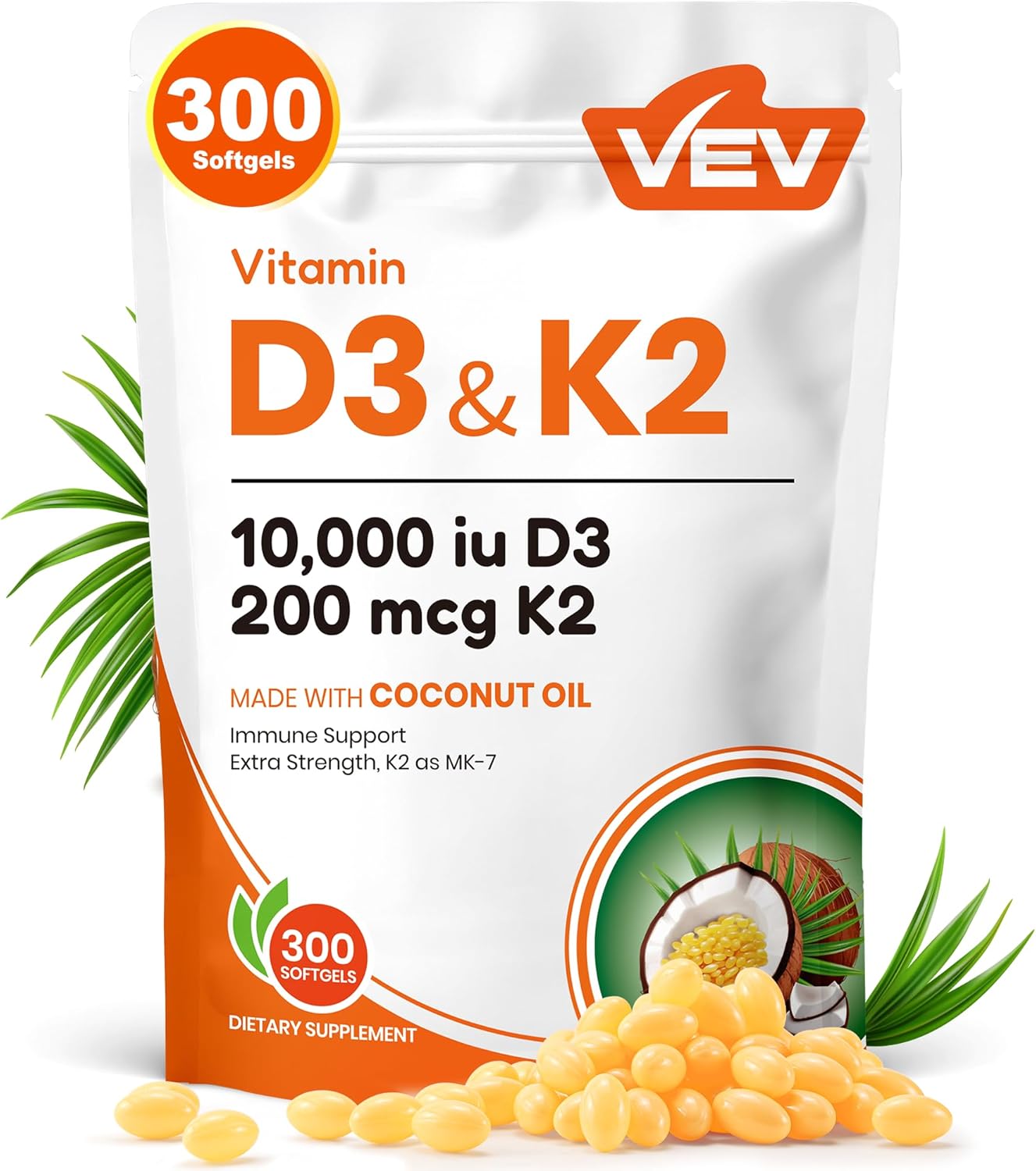 VEV Vitamin D3 K2 10000 IU, 300 Coconut Oil Softgels, Corefeel 2 in 1 Vitamins Supplement D & K (Include MK7), Easy to Swallow, Supports Calcium Absorption, Bone Healthh VEV Vitamin D3 K2 10000 IU, 300 Coconut Oil Softgels, Corefeel 2 in 1 Vitamins Supplement D & K (Include MK7), Easy to Swallow, Supports Calcium Absorption, Bone Healthh