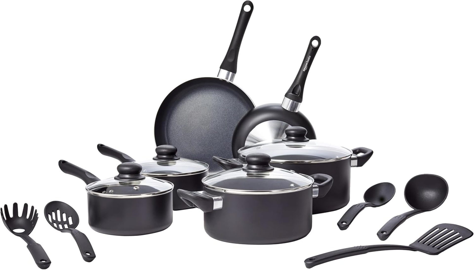 Amazon Basics Non Stick Kitchen Cookware 15-Piece Set, Non-Induction, Includes Pots, Pans, and Utensils, Black Amazon Basics Non Stick Kitchen Cookware 15-Piece Set, Non-Induction, Includes Pots, Pans, and Utensils, Black