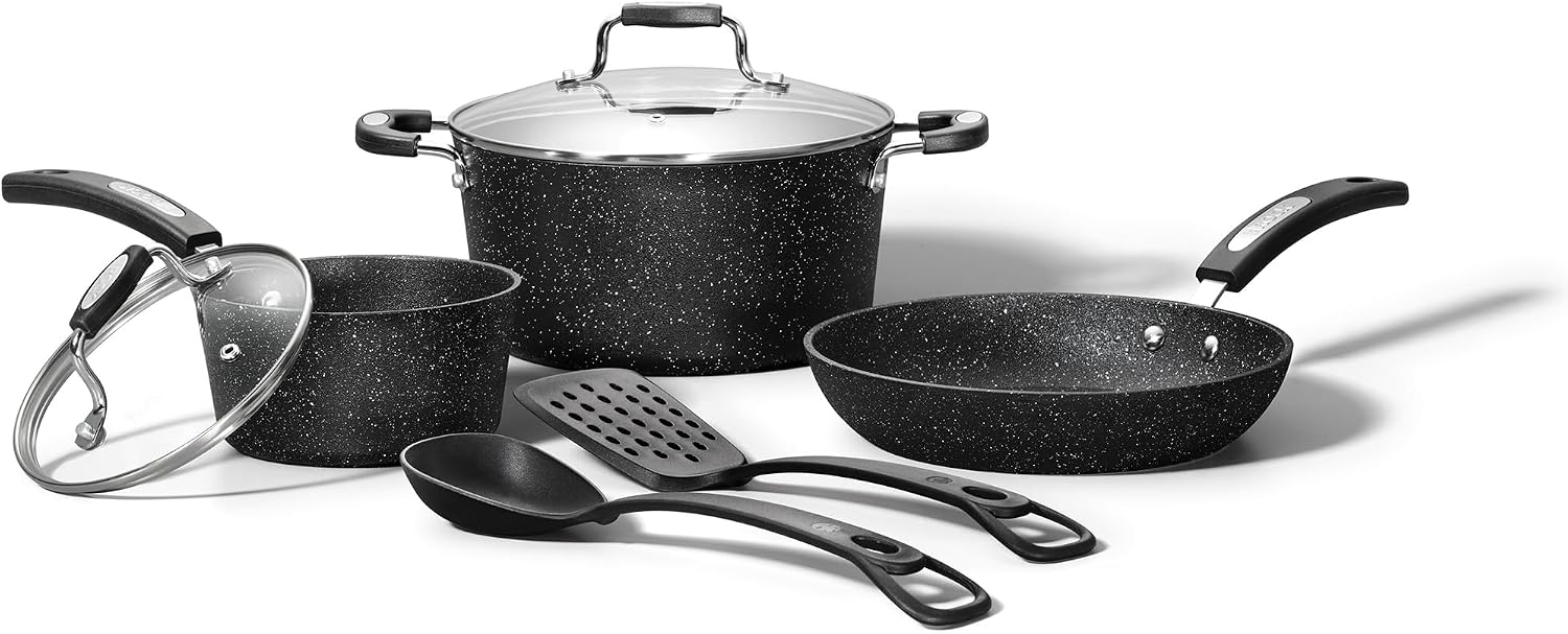 Starfrit The Rock 7PC Non-Stick Cookware Set – Durable Forged Aluminum – Oven Safe – PFOA Free – Easy to Clean – Black Starfrit The Rock 7PC Non-Stick Cookware Set – Durable Forged Aluminum – Oven Safe – PFOA Free – Easy to Clean – Black