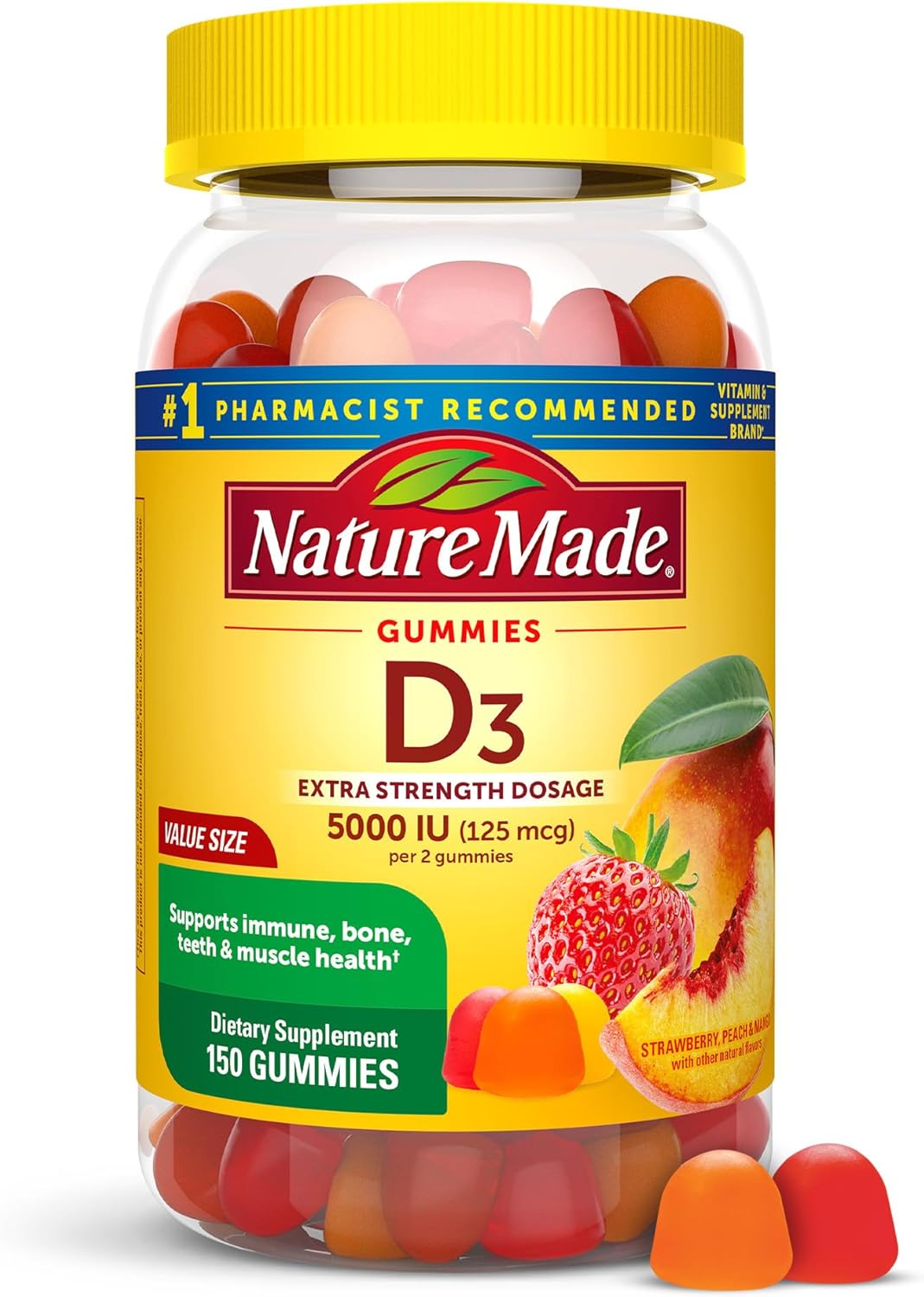 Nature Made Extra Strength Vitamin D3 5000 IU (125 mcg) per serving, Dietary Supplement for Bone, Teeth, Muscle and Immune Health Support, 150 Gummies, 75 Day Supply Nature Made Extra Strength Vitamin D3 5000 IU (125 mcg) per serving, Dietary Supplement for Bone, Teeth, Muscle and Immune Health Support, 150 Gummies, 75 Day Supply