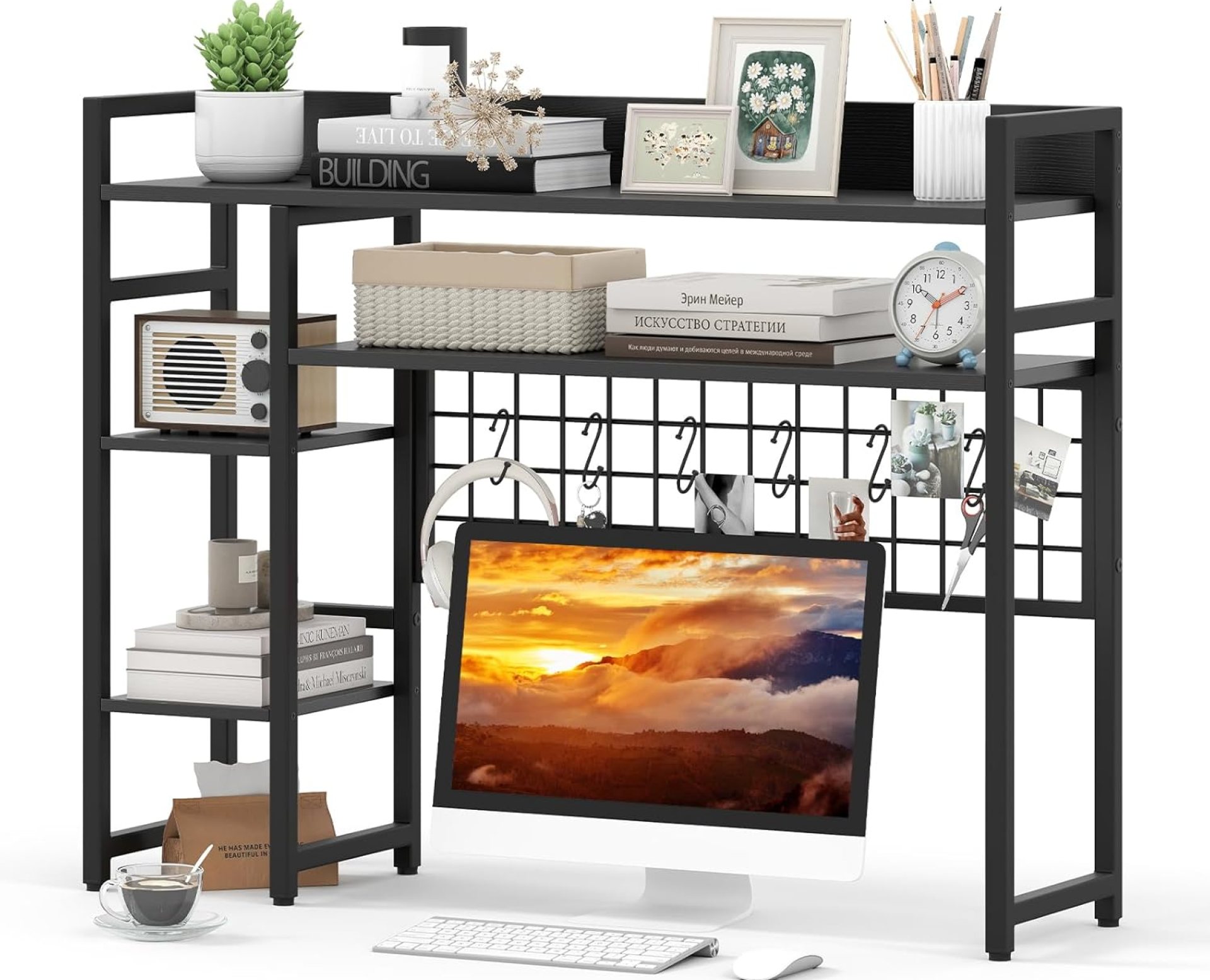 Tangkula Desktop Bookshelf for Computer Monitor Up to 32”, 37″ x 29″ Countertop Storage Hutch with 4 Open Storage Shelves, Grid Panel, Anti-tip Device, 4-Tier Desktop Display Shelves for Home Office Tangkula Desktop Bookshelf for Computer Monitor Up to 32”, 37″ x 29″ Countertop Storage Hutch with 4 Open Storage Shelves, Grid Panel, Anti-tip Device, 4-Tier Desktop Display Shelves for Home Office