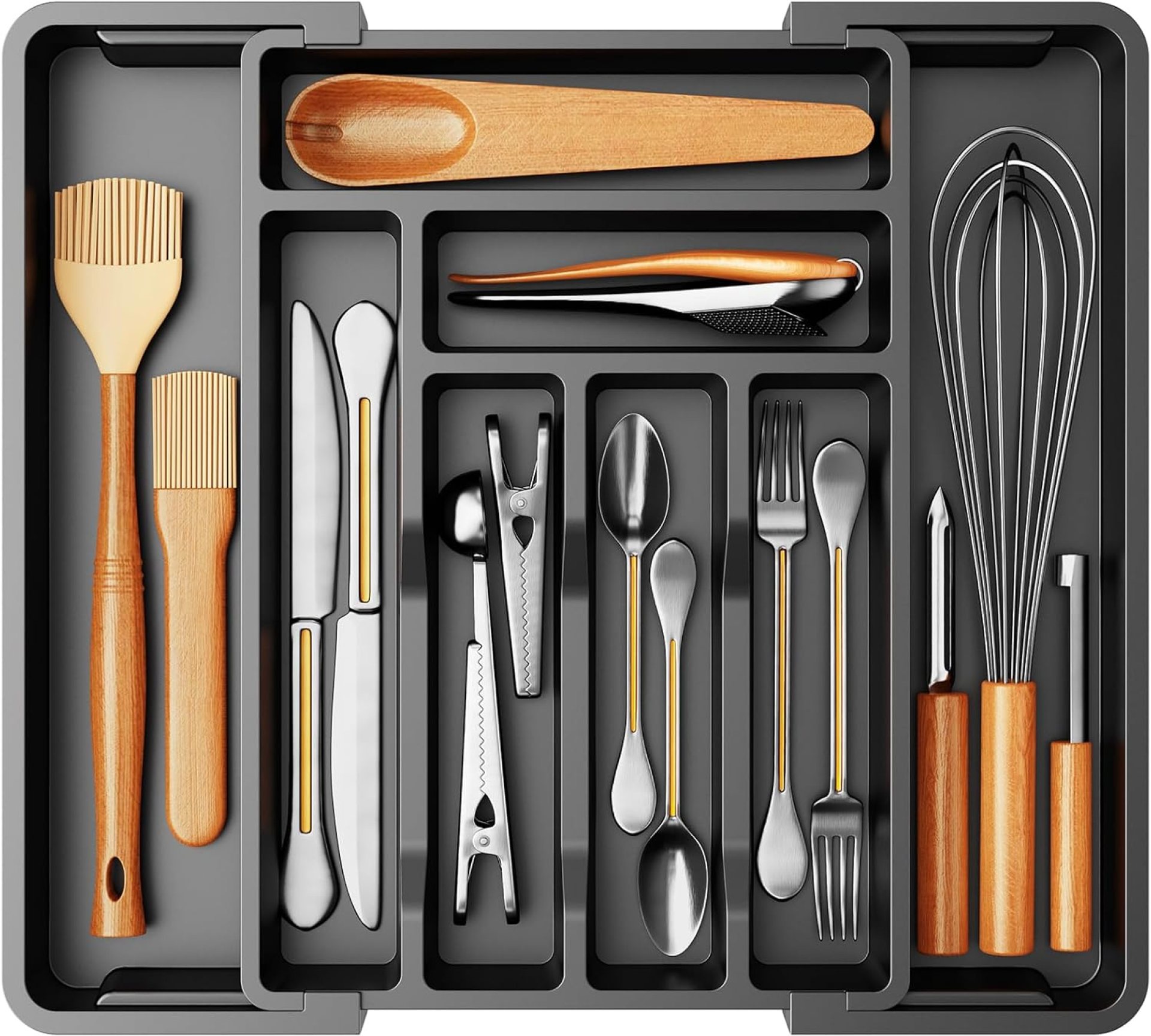 Pipishell Silverware Drawer Organizer, Expandable BPA-Free Kitchen Utensil Storage Tray for Forks, Spoons and Knives, Black Plastic Cutlery Holder Pipishell Silverware Drawer Organizer, Expandable BPA-Free Kitchen Utensil Storage Tray for Forks, Spoons and Knives, Black Plastic Cutlery Holder