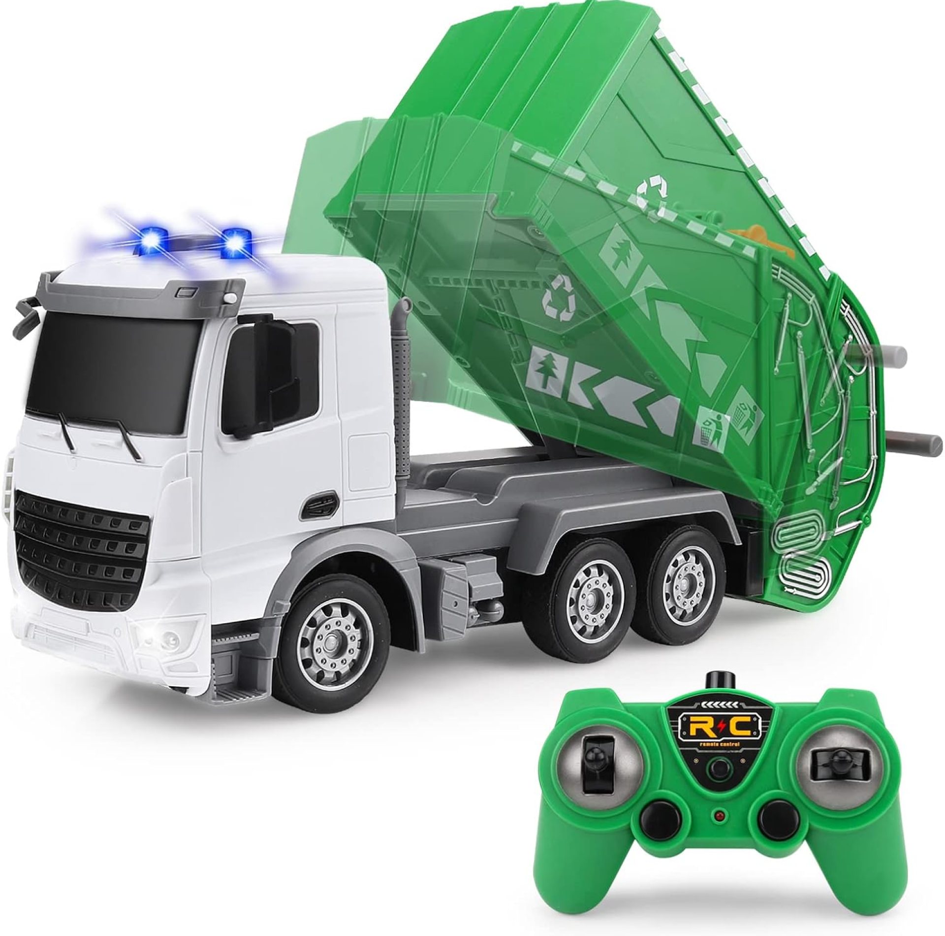 2.4Ghz Remote Control Garbage Truck Toy With Trash Bin and Real Lights – 1/24 Scale 6 Channel Rechargeable RC Recycling Truck Gift for Boys and Kids 2.4Ghz Remote Control Garbage Truck Toy With Trash Bin and Real Lights – 1/24 Scale 6 Channel Rechargeable RC Recycling Truck Gift for Boys and Kids