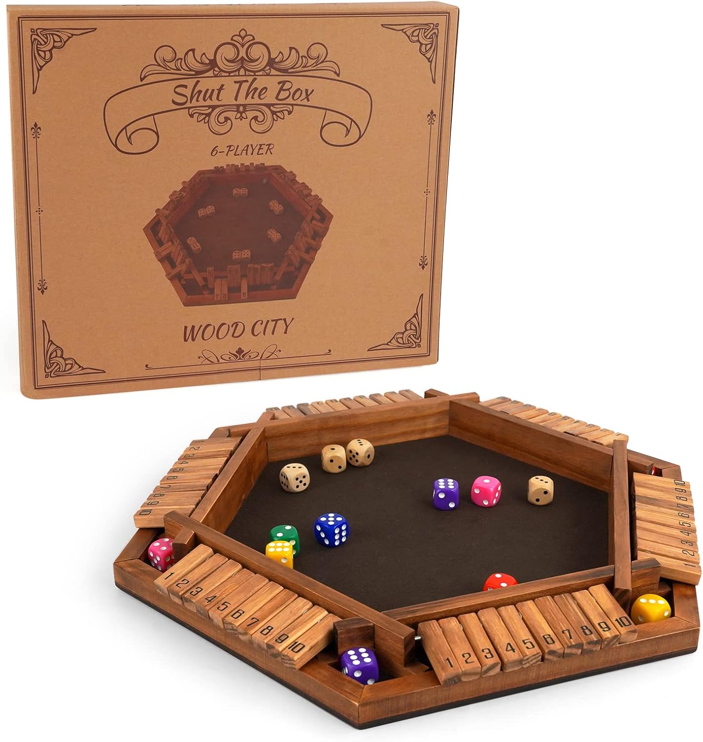 WOOD CITY Shut The Box Game Wooden for 6 Players, Close The Box Math Game for Kids Adults with 16 Dice, 6 Way Tabletop Quick Board Game for Family Friends 3+ Years Old in Classroom, Party or Pub WOOD CITY Shut The Box Game Wooden for 6 Players, Close The Box Math Game for Kids Adults with 16 Dice, 6 Way Tabletop Quick Board Game for Family Friends 3+ Years Old in Classroom, Party or Pub