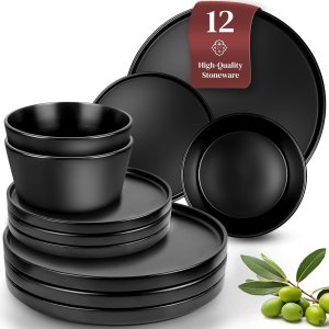 Ceramic Dinnerware Set – Scratch Resistant, Dishwasher & Microwave Safe Stoneware – 12 Piece Plates and Bowls for 4 – Matte Black