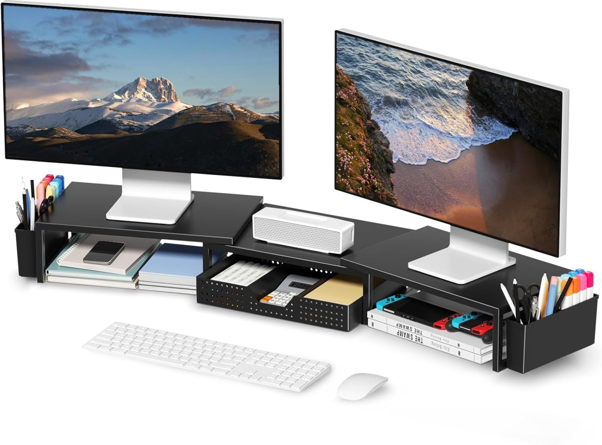 Desk Organizers and Accessories, Dual Monitor Stand Riser with Drawer and 2 Pen Holders, Desk Shelf Metal Computer Monitor Stand for Office Workspace Organizers, Desktop Organization (Black) Desk Organizers and Accessories, Dual Monitor Stand Riser with Drawer and 2 Pen Holders, Desk Shelf Metal Computer Monitor Stand for Office Workspace Organizers, Desktop Organization (Black)