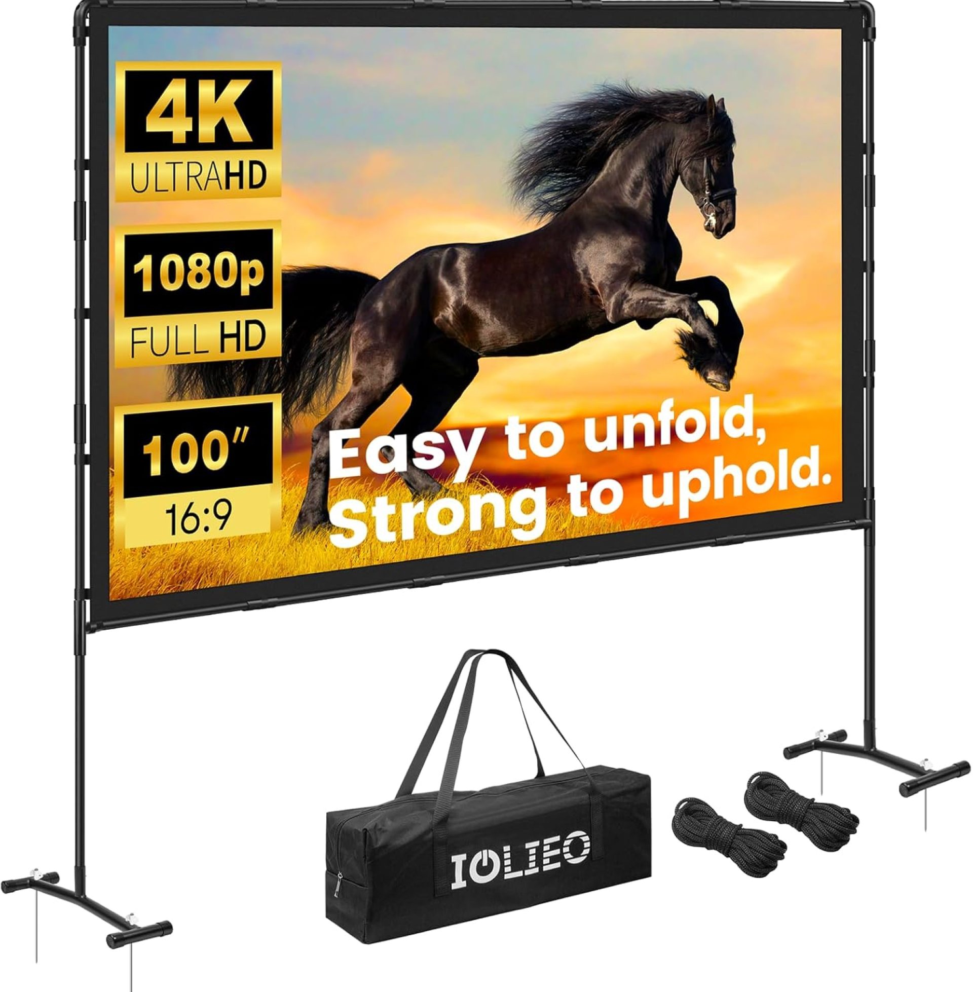 Projector Screen with Stand, 100 Inch, 16:9 Outdoor Portable Screen, Unique Retractable Design for Yard,Patio,Camping,Night Party,Office, School Indoor Use, Washable Fordable White Screen by IOLIEO Projector Screen with Stand, 100 Inch, 16:9 Outdoor Portable Screen, Unique Retractable Design for Yard,Patio,Camping,Night Party,Office, School Indoor Use, Washable Fordable White Screen by IOLIEO