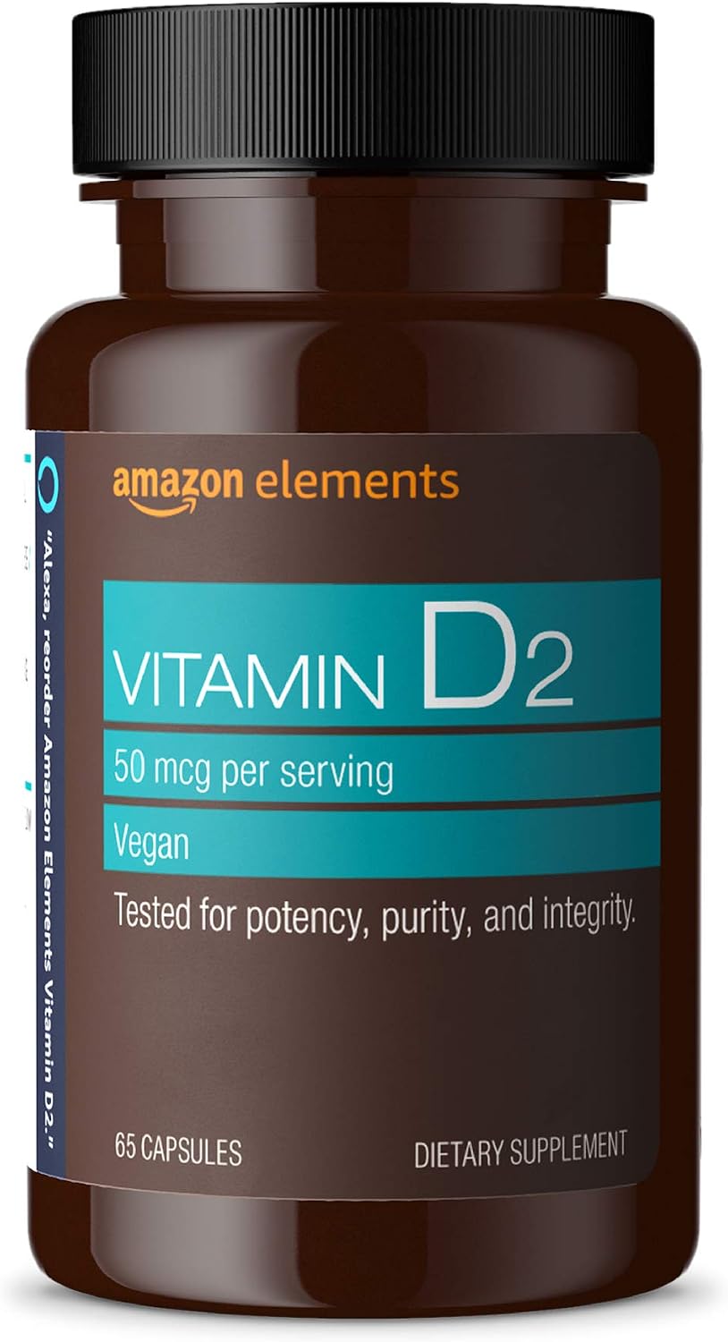 Amazon Elements Vitamin D2 2000 IU, Vegan, 65 Capsules, Supports Strong Bones and Immune Health, 2 month supply (Packaging may vary) Amazon Elements Vitamin D2 2000 IU, Vegan, 65 Capsules, Supports Strong Bones and Immune Health, 2 month supply (Packaging may vary)