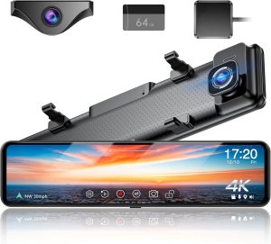 12″ 4K UHD Mirror Dash Cam Front and Rear with Zoom Backup Camera, 2160P Dual Rear View Mirror Camera for Cars & Trucks, 64GB Card Included, GPS, WDR, Super Night Vision, Parking Assist & G-Sensor