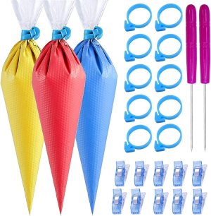 122Pieces Tipless Piping Bags – 100pcs Disposable Piping Pastry Bag for Royal Icing/Cookies Decorating – 10 Pastry Bag Ties,10 Clips &2 Scriber Needle – Best Cookie/Cake Decorating Tools (14 inch)
