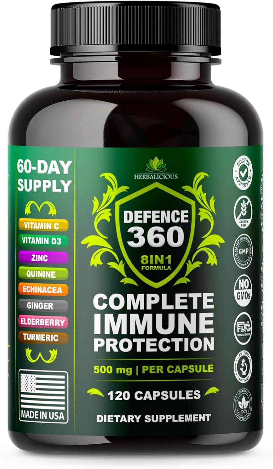Defence360 Immune Support 8-in-1 Supplement with Vitamin C, D3, Zinc, Elderberry, Echinacea, Turmeric, Ginger & Quinine, Immune Protection, Energy and Vigor, Brain Boost, Stress Relief (120 Capsules) Defence360 Immune Support 8-in-1 Supplement with Vitamin C, D3, Zinc, Elderberry, Echinacea, Turmeric, Ginger & Quinine, Immune Protection, Energy and Vigor, Brain Boost, Stress Relief (120 Capsules)