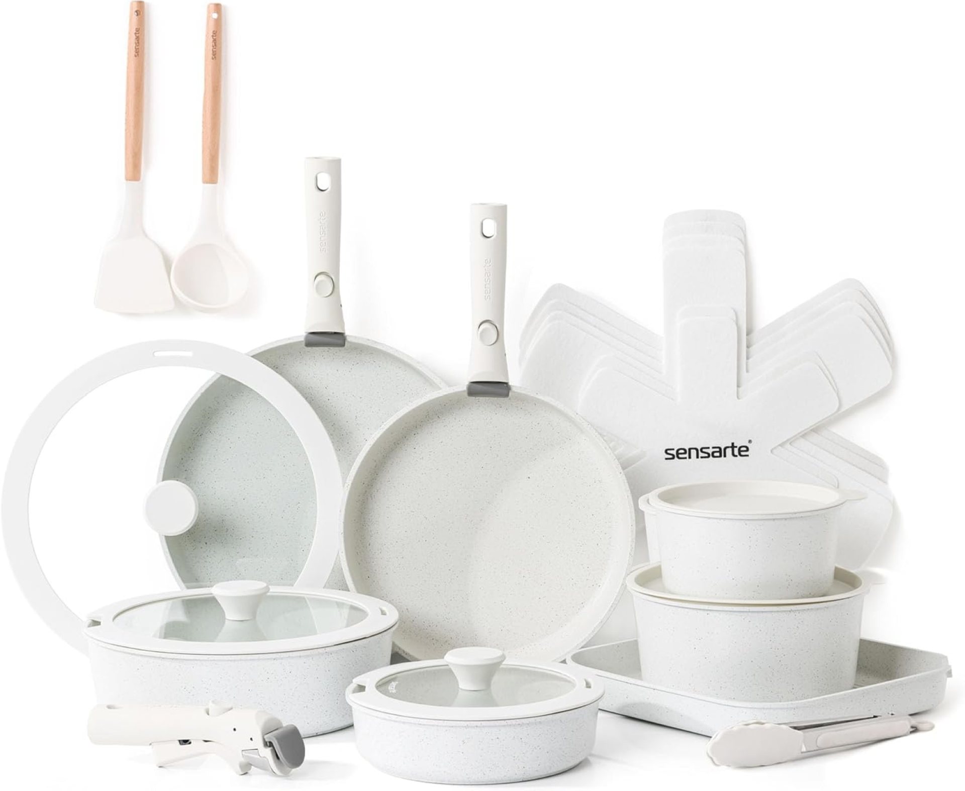 SENSARTE 24 Piece Pots and Pans Set, Nonstick Detachable Handle Cookware, Induction Kitchen Cookware Set with Removable Handle, Healthy Non Stick for RV, Dishwasher & Oven Safe (White) SENSARTE 24 Piece Pots and Pans Set, Nonstick Detachable Handle Cookware, Induction Kitchen Cookware Set with Removable Handle, Healthy Non Stick for RV, Dishwasher & Oven Safe (White)