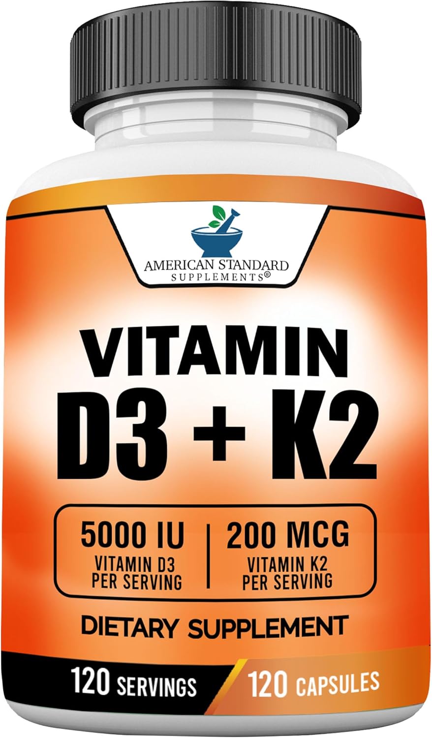 American Standard Supplements Vitamin D3 5000 IU (125mcg) Plus Vitamin K2 (MK7) 200mcg Per Capsule – Gluten Free, Non-GMO, 120 Capsules, 120 Servings, 120 Day Supply American Standard Supplements Vitamin D3 5000 IU (125mcg) Plus Vitamin K2 (MK7) 200mcg Per Capsule – Gluten Free, Non-GMO, 120 Capsules, 120 Servings, 120 Day Supply